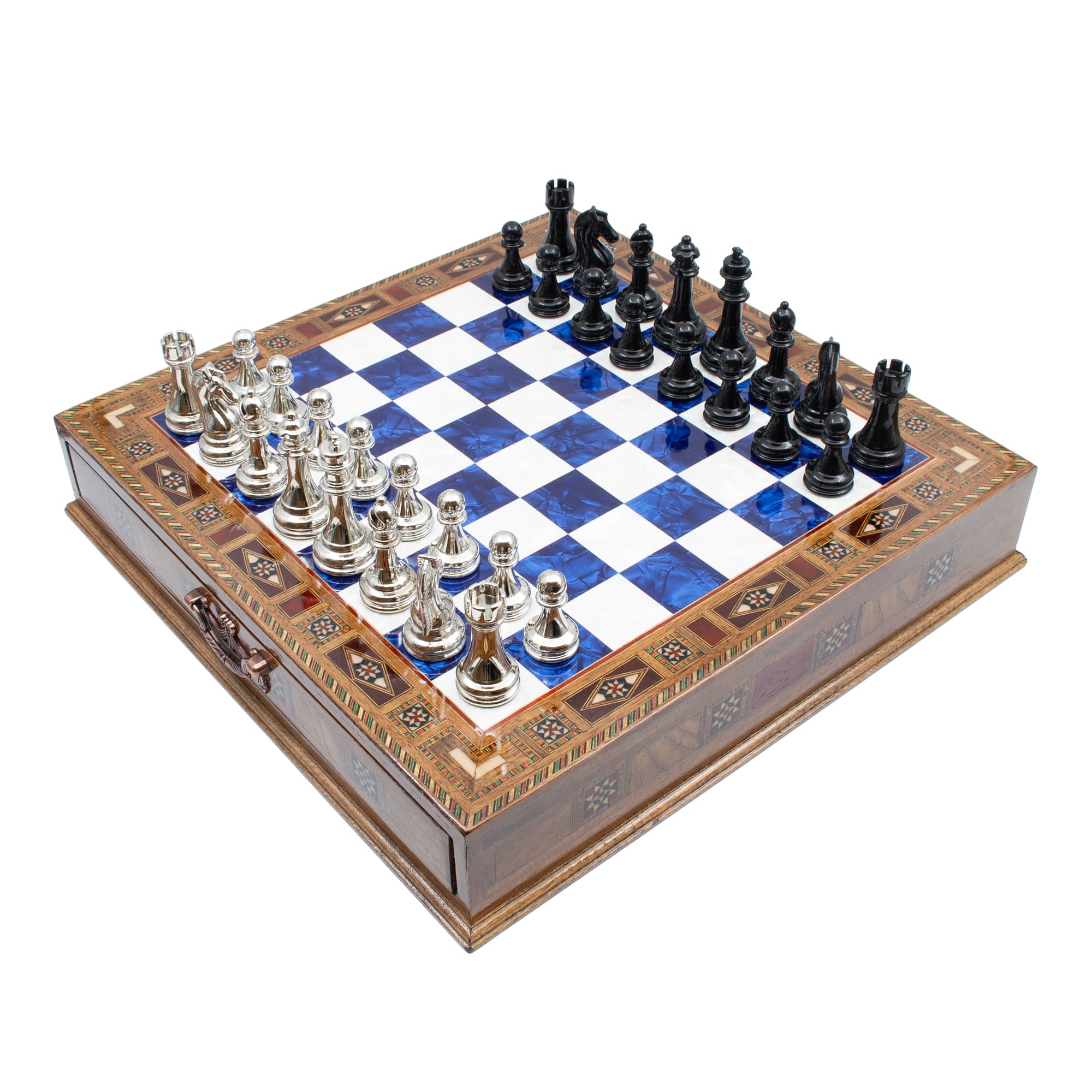 Çekmeceli Satranç Taşlarına Sahip SC38KSA - Mavi Tahta - 32cm - Siyah-Gümüş