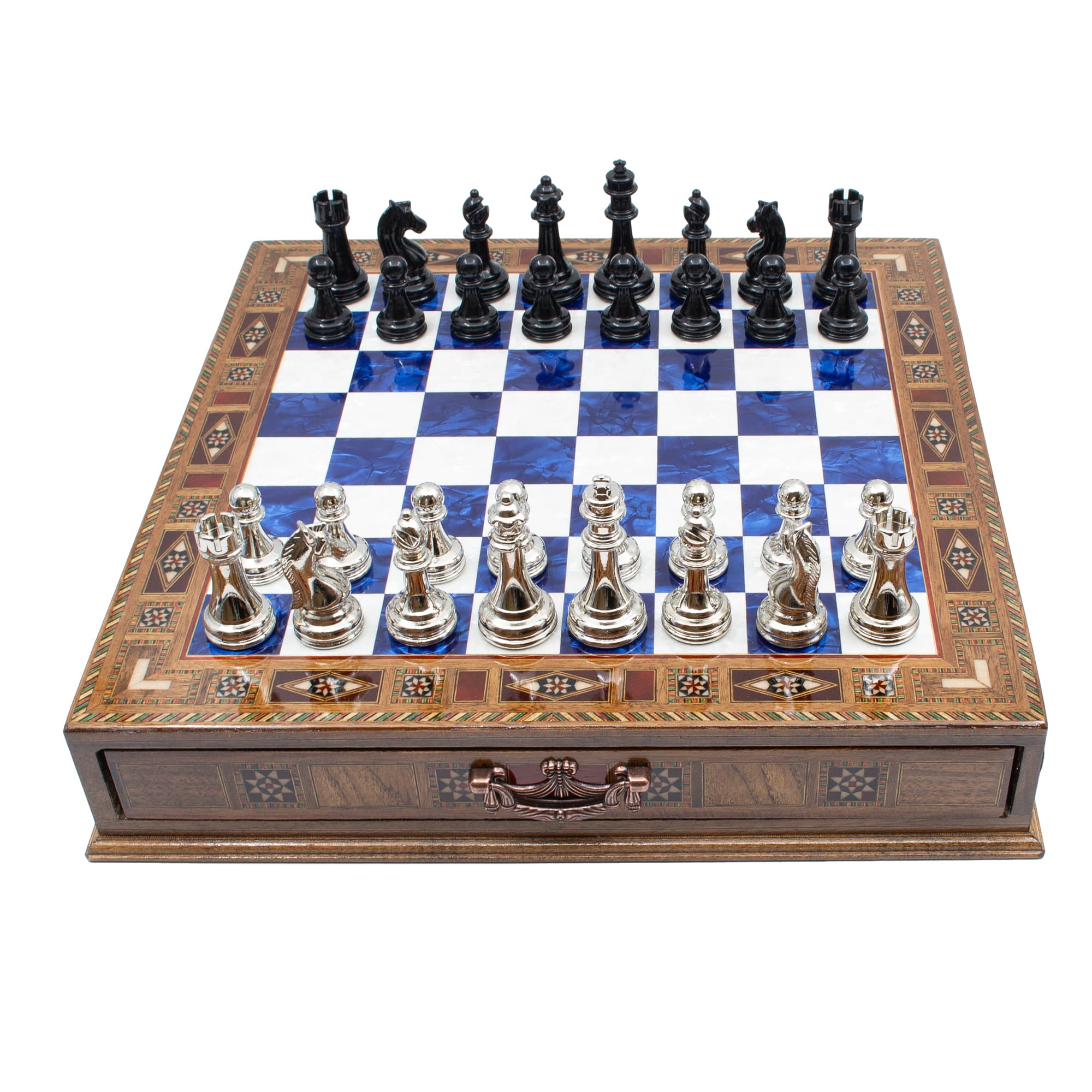 Çekmeceli Satranç Taşlarına Sahip SC38KSA - Mavi Tahta - 32cm - Siyah-Gümüş - Görsel 2