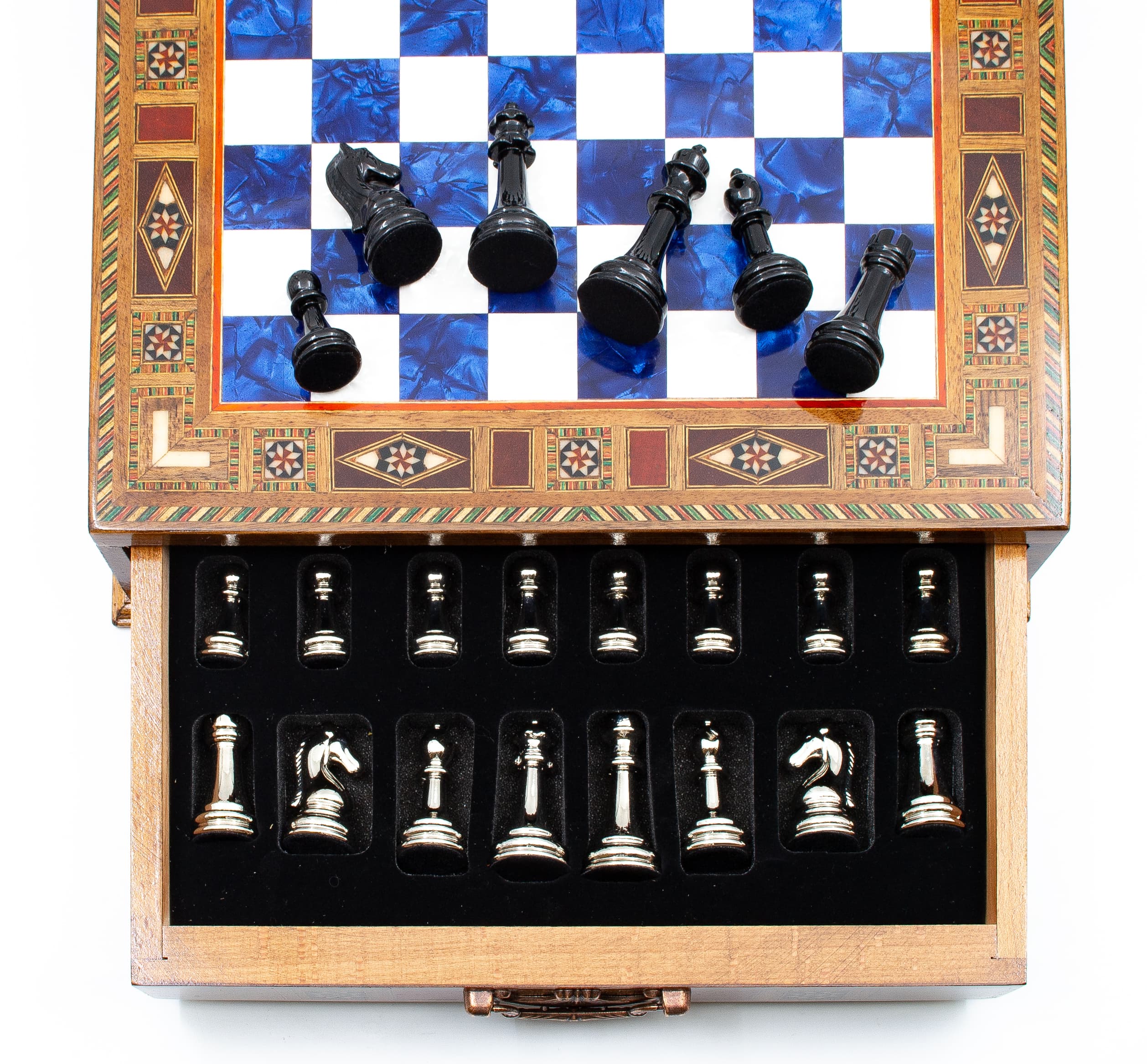 Çekmeceli Satranç Taşlarına Sahip SC38KSA - Mavi Tahta - 32cm - Siyah-Gümüş - Görsel 3