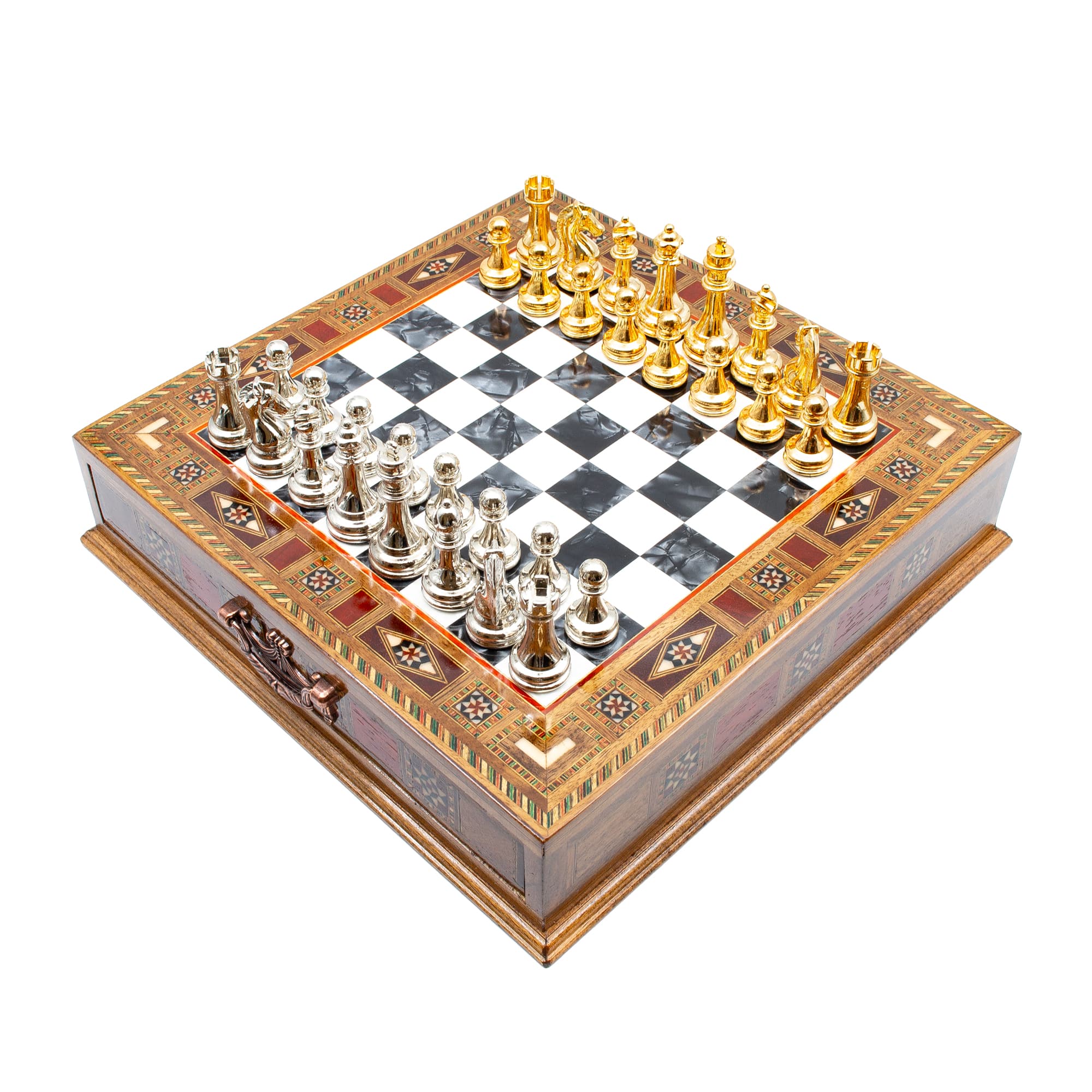 Çekmeceli Satranç Taşlarına Sahip SC38KSA - Siyah Tahta - 32cm - Altın-Gümüş