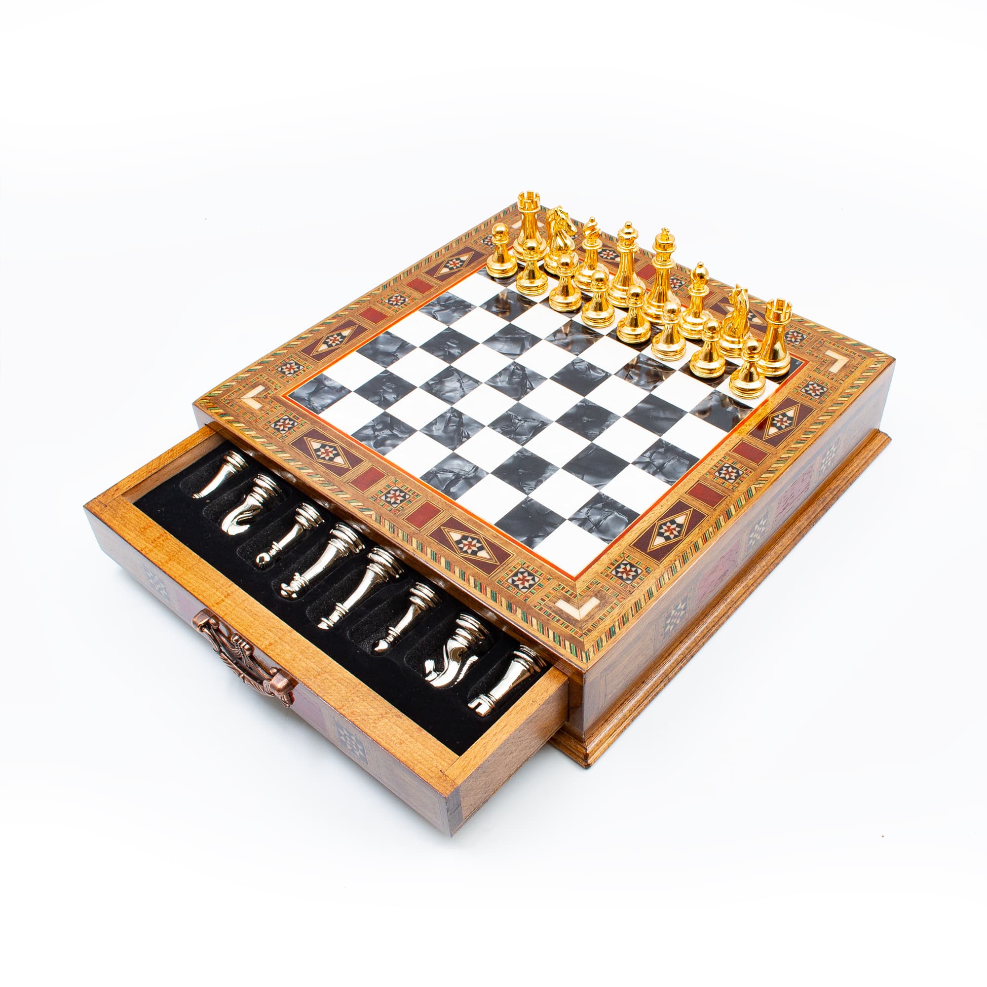 Çekmeceli Satranç Taşlarına Sahip SC38KSA - Siyah Tahta - 32cm - Altın-Gümüş - Görsel 3