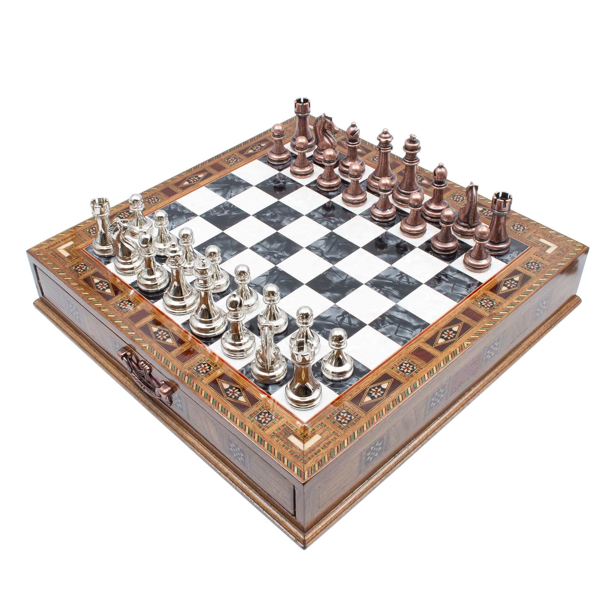 Çekmeceli Satranç Taşlarına Sahip SC38KSA - Siyah Tahta - 32cm - Bakır-Gümüş