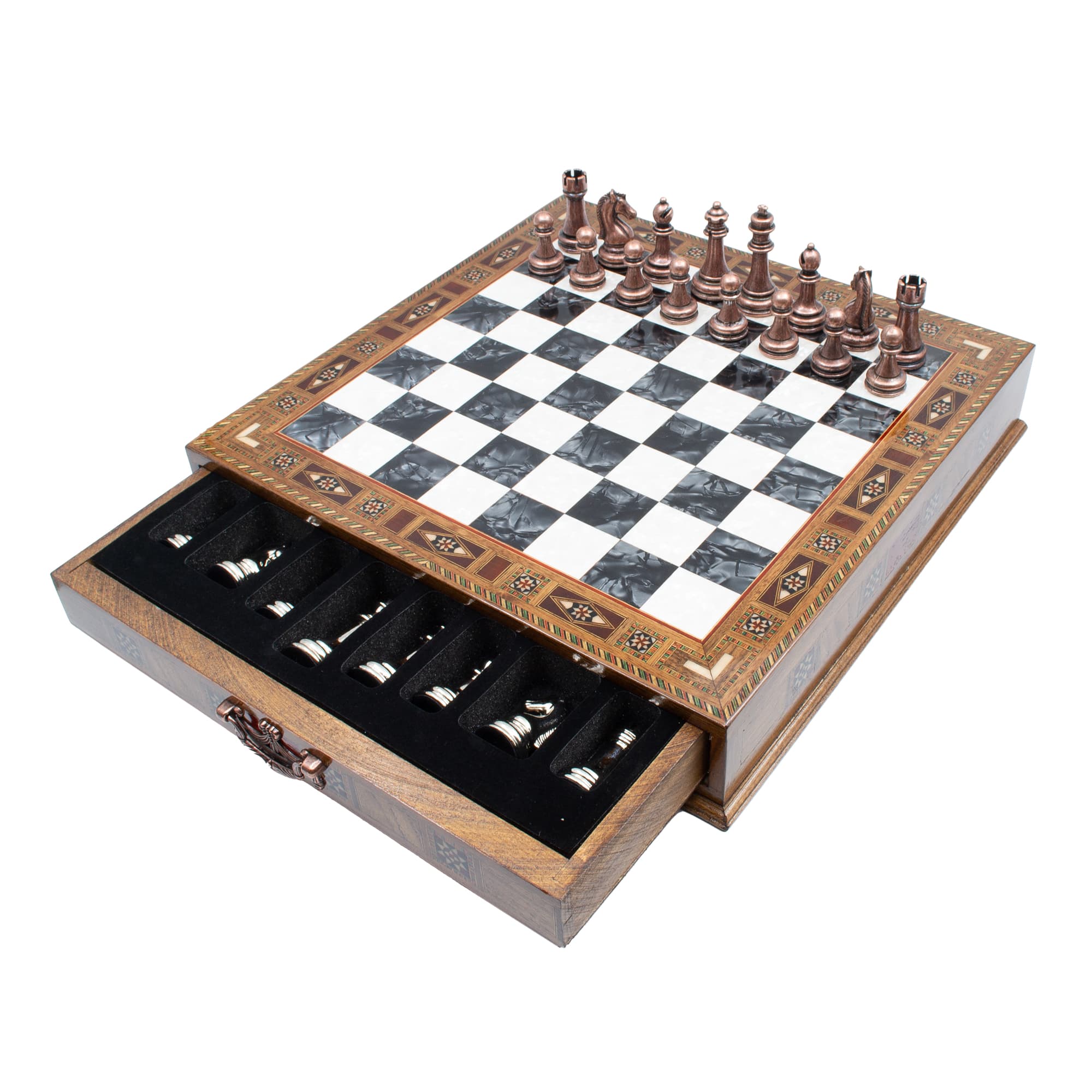 Çekmeceli Satranç Taşlarına Sahip SC38KSA - Siyah Tahta - 32cm - Bakır-Gümüş - Görsel 3