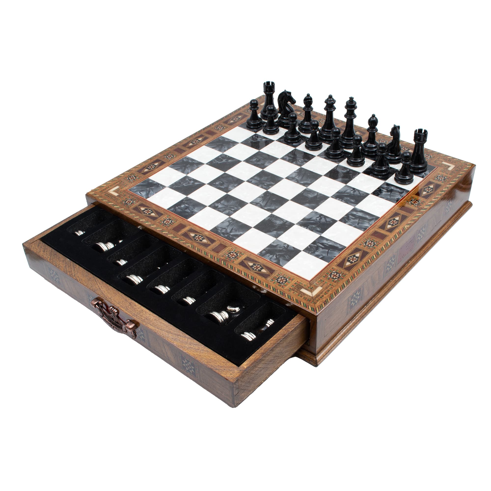 Çekmeceli Satranç Taşlarına Sahip SC38KSA - Siyah Tahta - 32cm - Siyah-Gümüş