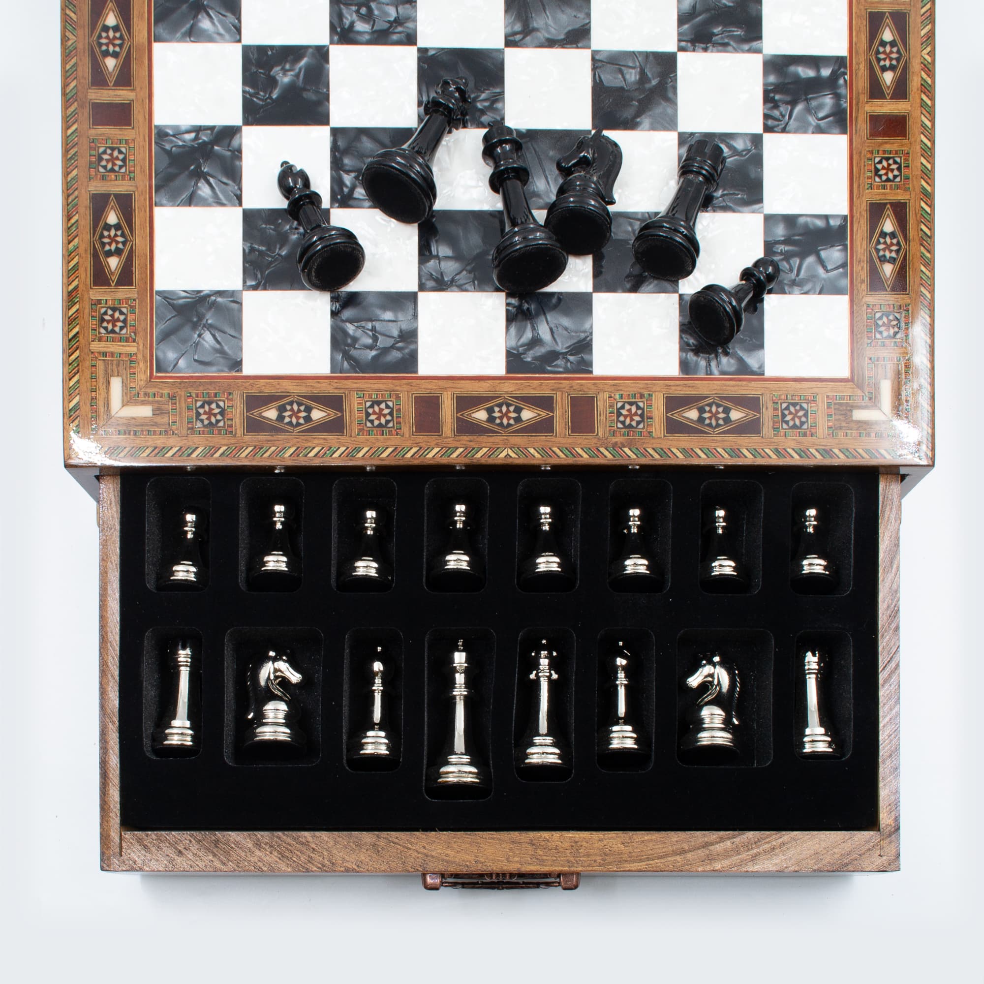 Çekmeceli Satranç Taşlarına Sahip SC38KSA - Siyah Tahta - 32cm - Siyah-Gümüş - Görsel 2