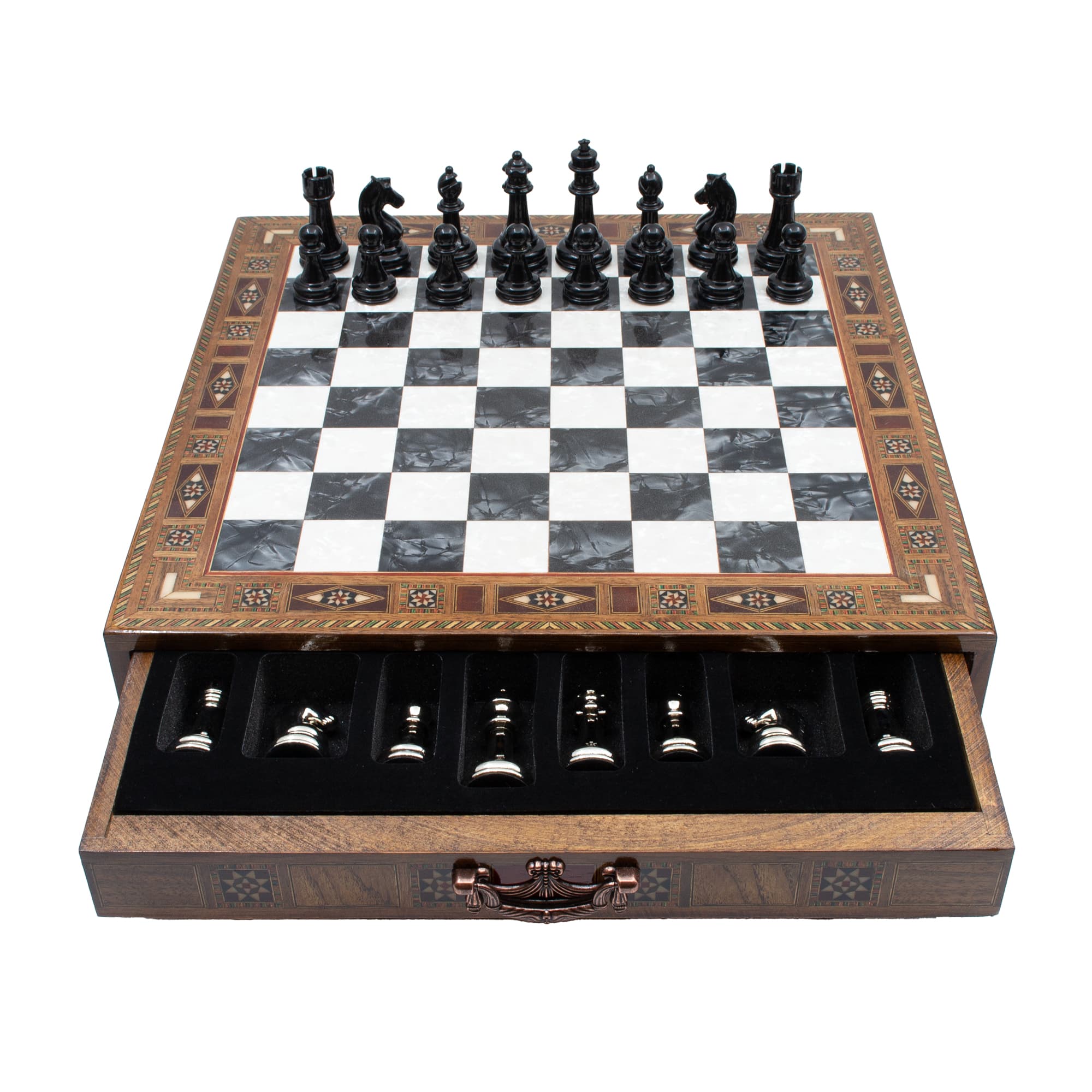 Çekmeceli Satranç Taşlarına Sahip SC38KSA - Siyah Tahta - 32cm - Siyah-Gümüş - Görsel 3