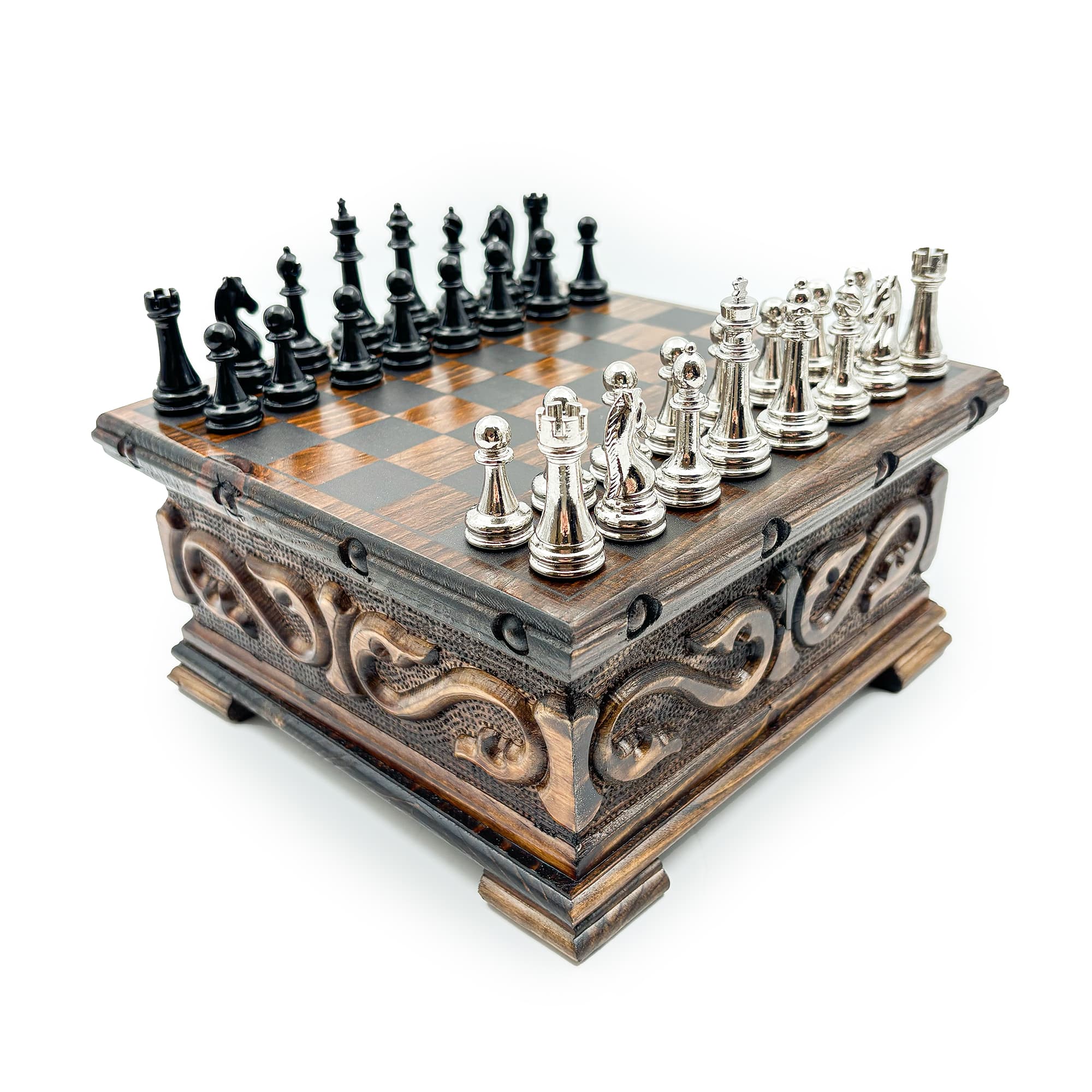 Handcrafted Walnut Chest Model Chess Set with Hidden Compartments and Metal Classic Chess Pieces SNKK20 - Siyah-Gümüş