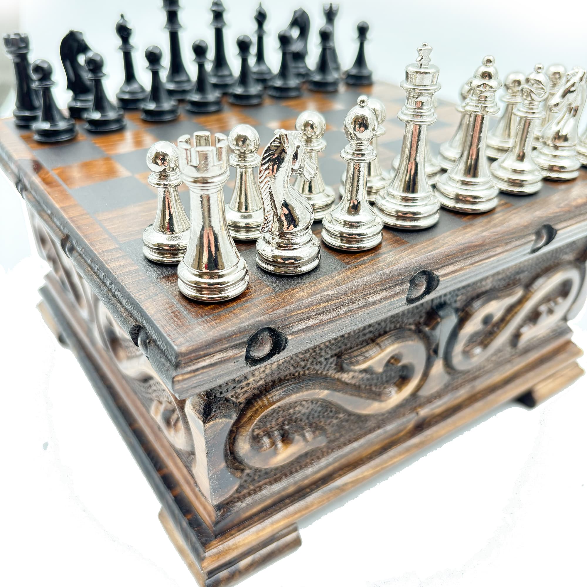 Handcrafted Walnut Chest Model Chess Set with Hidden Compartments and Metal Classic Chess Pieces SNKK20 - Siyah-Gümüş - Görsel 2