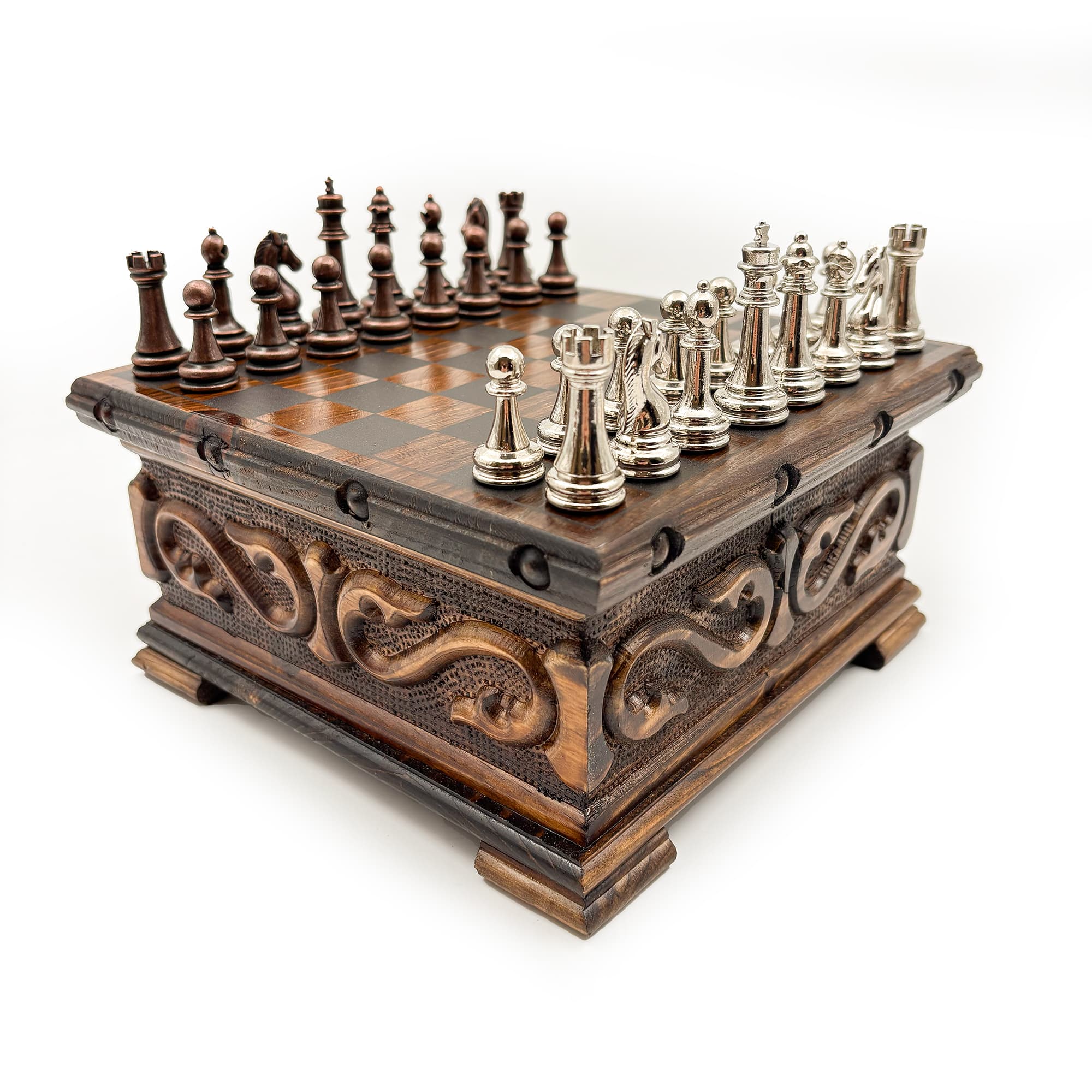 Handcrafted Walnut Chest Model Chess Set with Hidden Compartments and Metal Classic Chess Pieces SNKK20 - Bakır-Gümüş