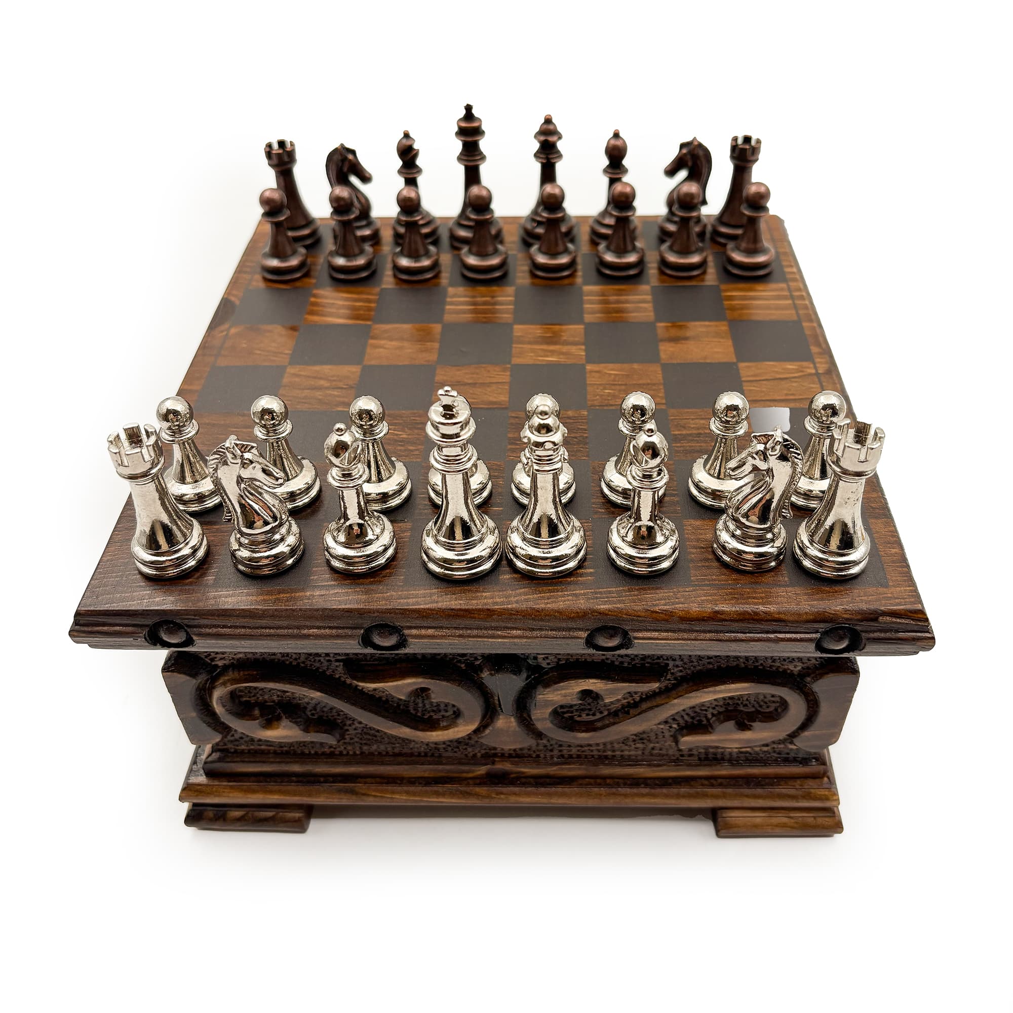 Handcrafted Walnut Chest Model Chess Set with Hidden Compartments and Metal Classic Chess Pieces SNKK20 - Bakır-Gümüş - Görsel 3