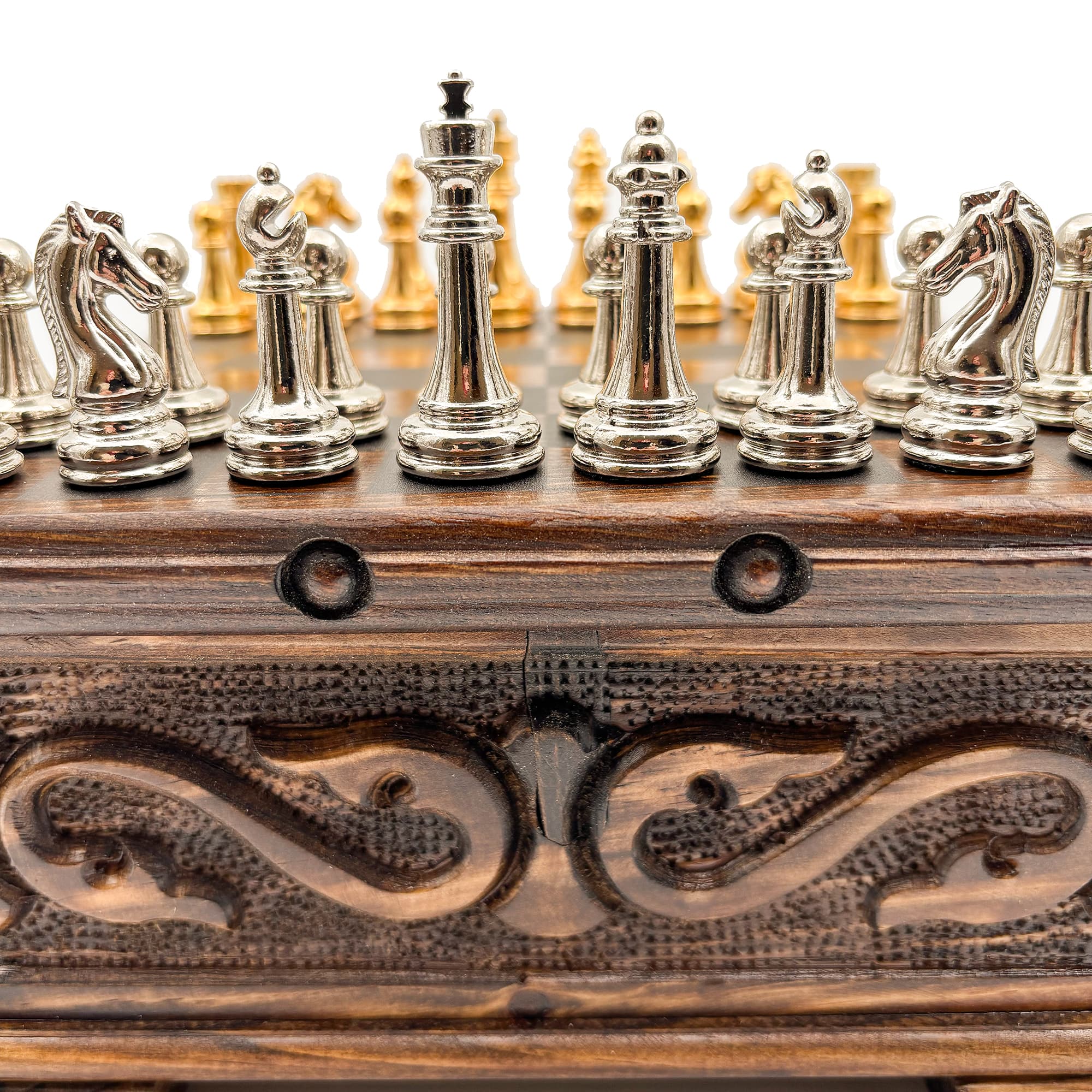 Handcrafted Walnut Chest Model Chess Set with Hidden Compartments and Metal Classic Chess Pieces SNKK20 - Küçük Görsel 5