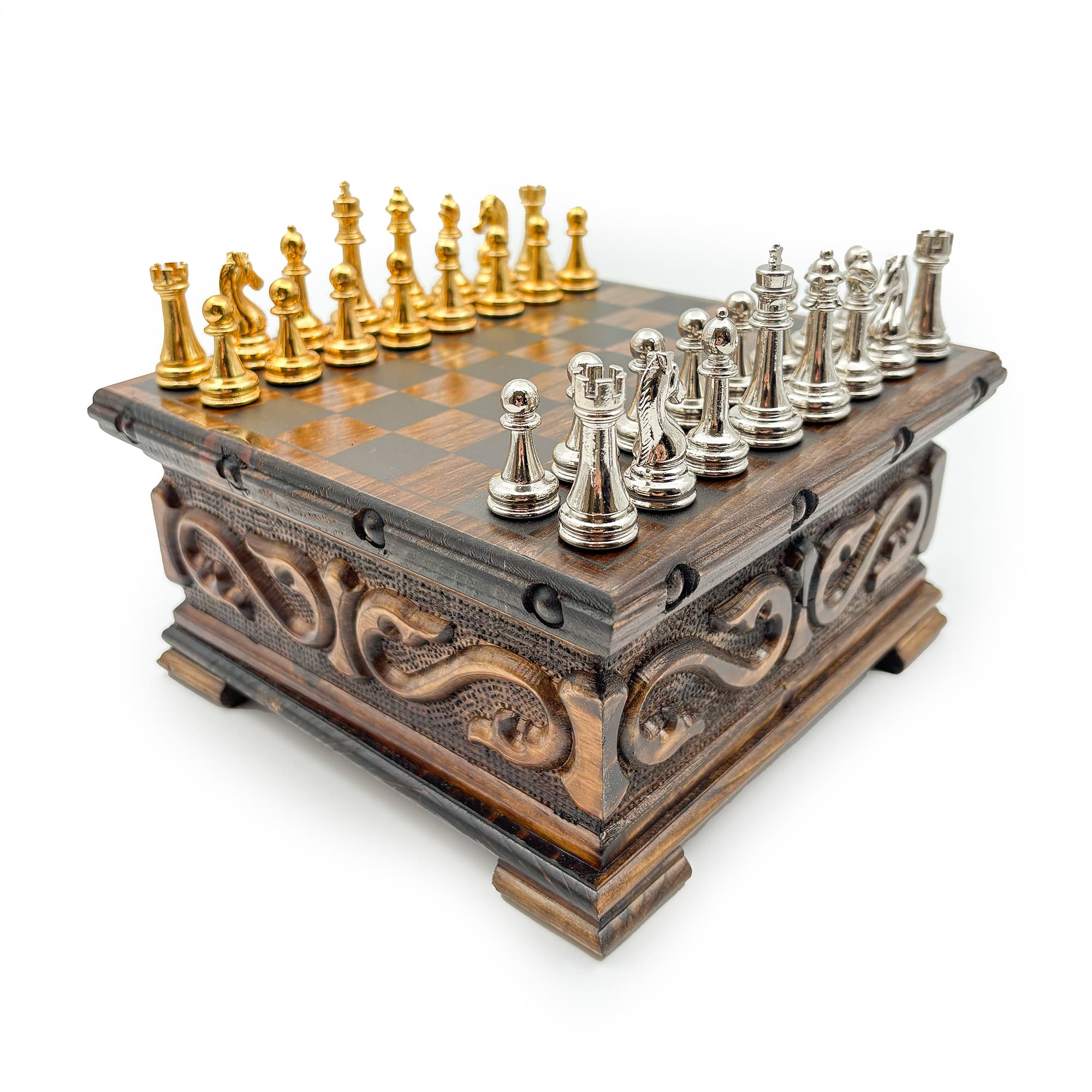 Handcrafted Walnut Chest Model Chess Set with Hidden Compartments and Metal Classic Chess Pieces SNKK20 - Altın-Gümüş