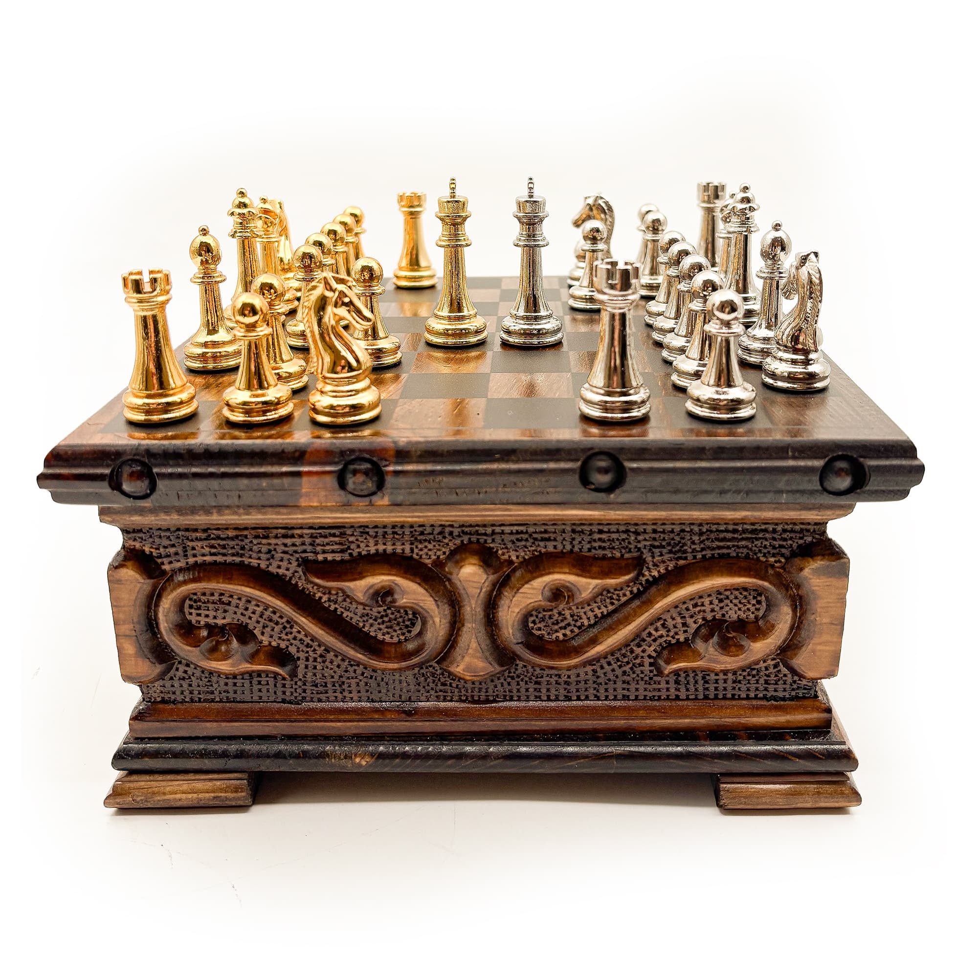 Handcrafted Walnut Chest Model Chess Set with Hidden Compartments and Metal Classic Chess Pieces SNKK20 - Küçük Görsel 3