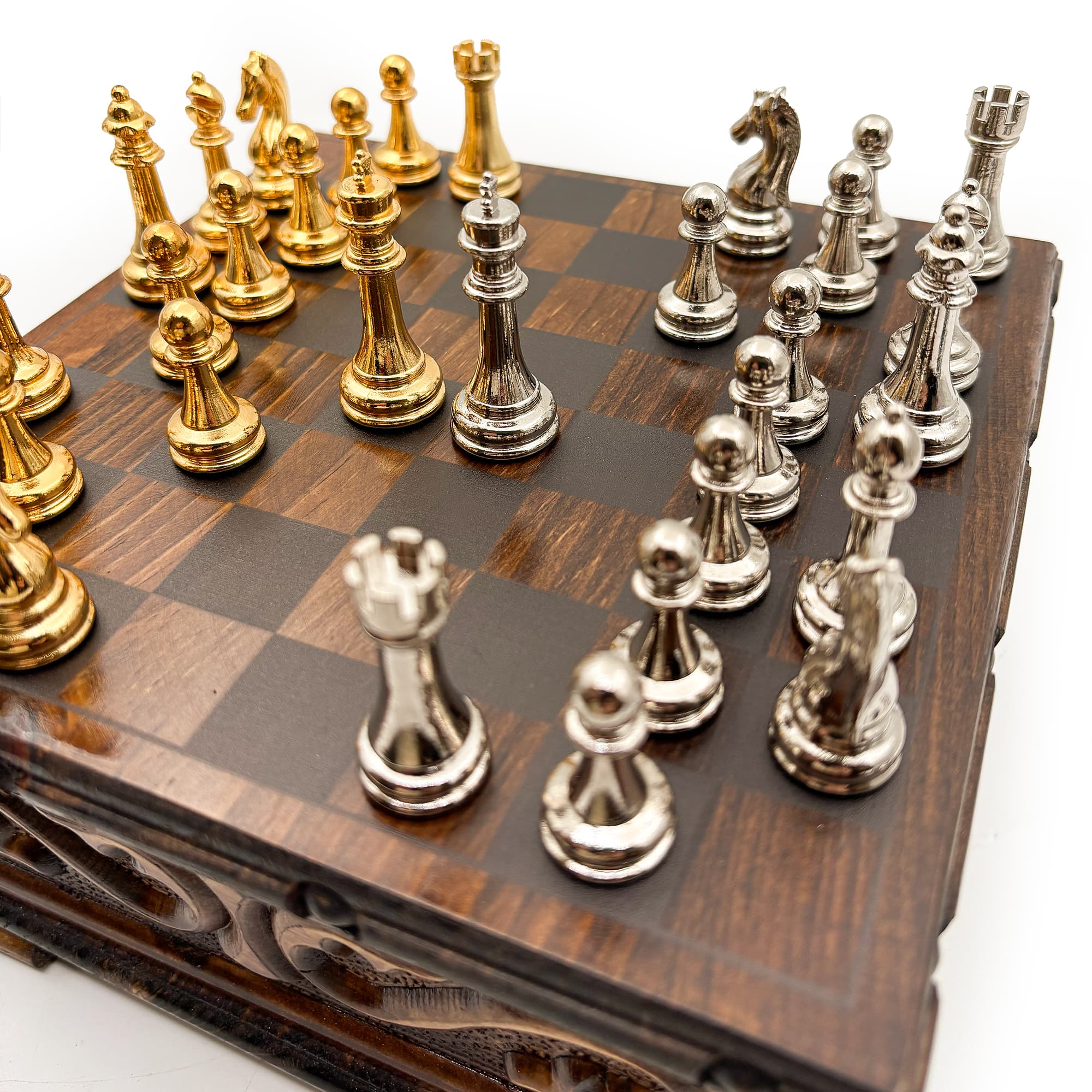 Handcrafted Walnut Chest Model Chess Set with Hidden Compartments and Metal Classic Chess Pieces SNKK20 - Küçük Görsel 2
