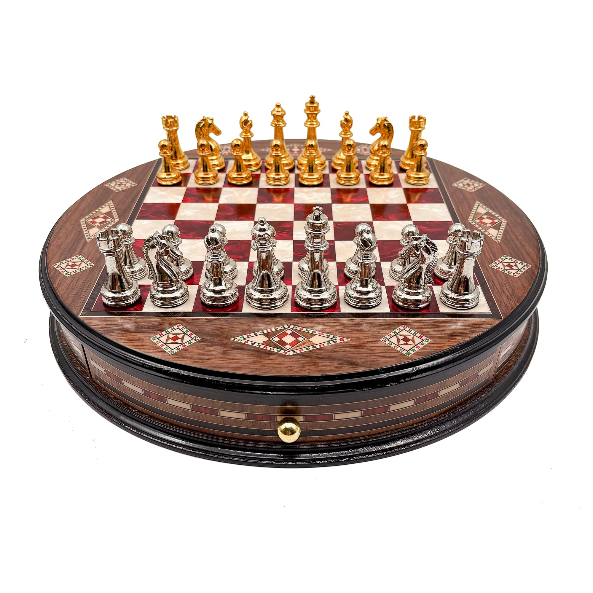 Personalized Round Handcrafted Chess Board with Drawers and Metal Chess Pieces MSYV36 - Kırmızı Tahta - Altın-Gümüş - Görsel 3