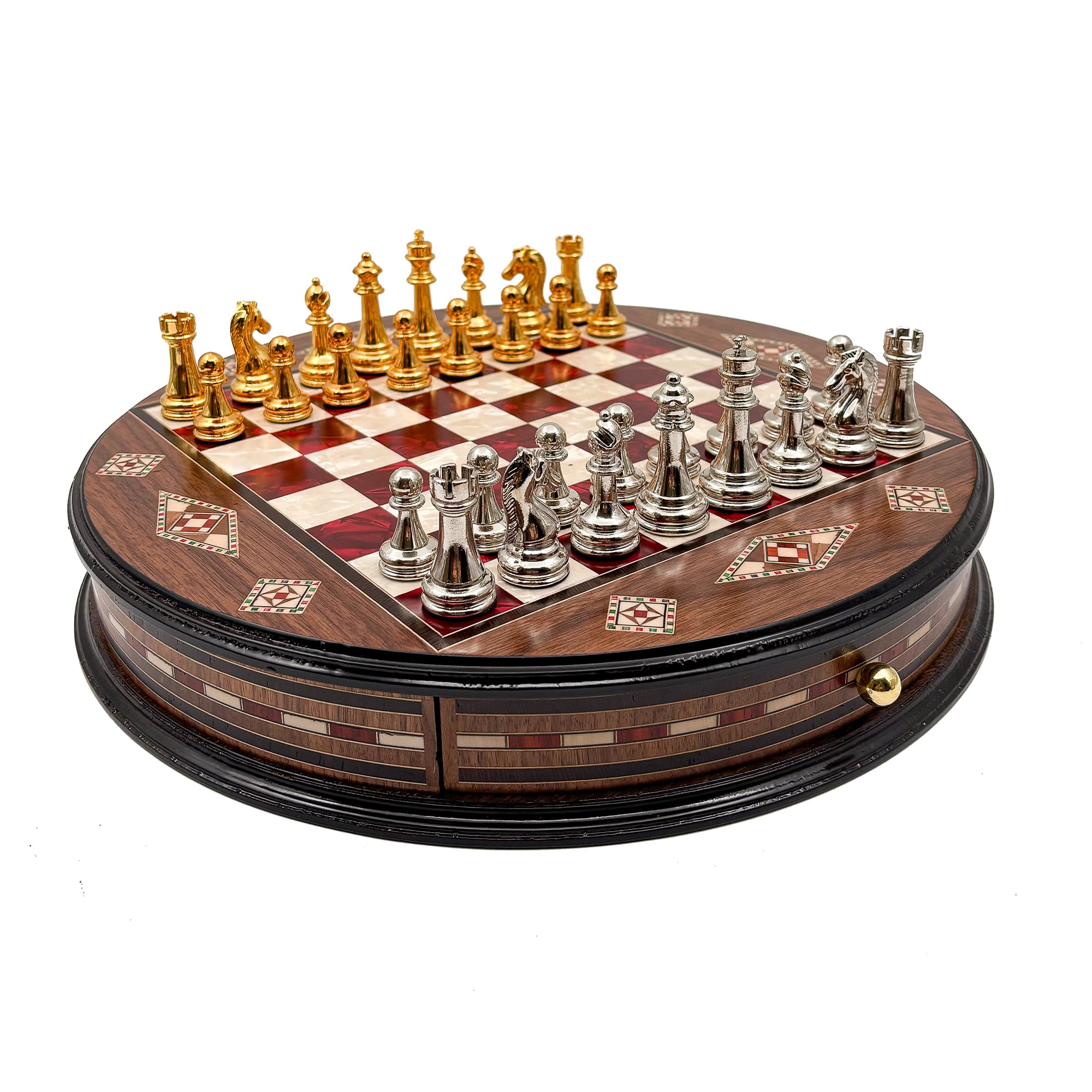 Personalized Round Handcrafted Chess Board with Drawers and Metal Chess Pieces MSYV36 - Kırmızı Tahta - Altın-Gümüş
