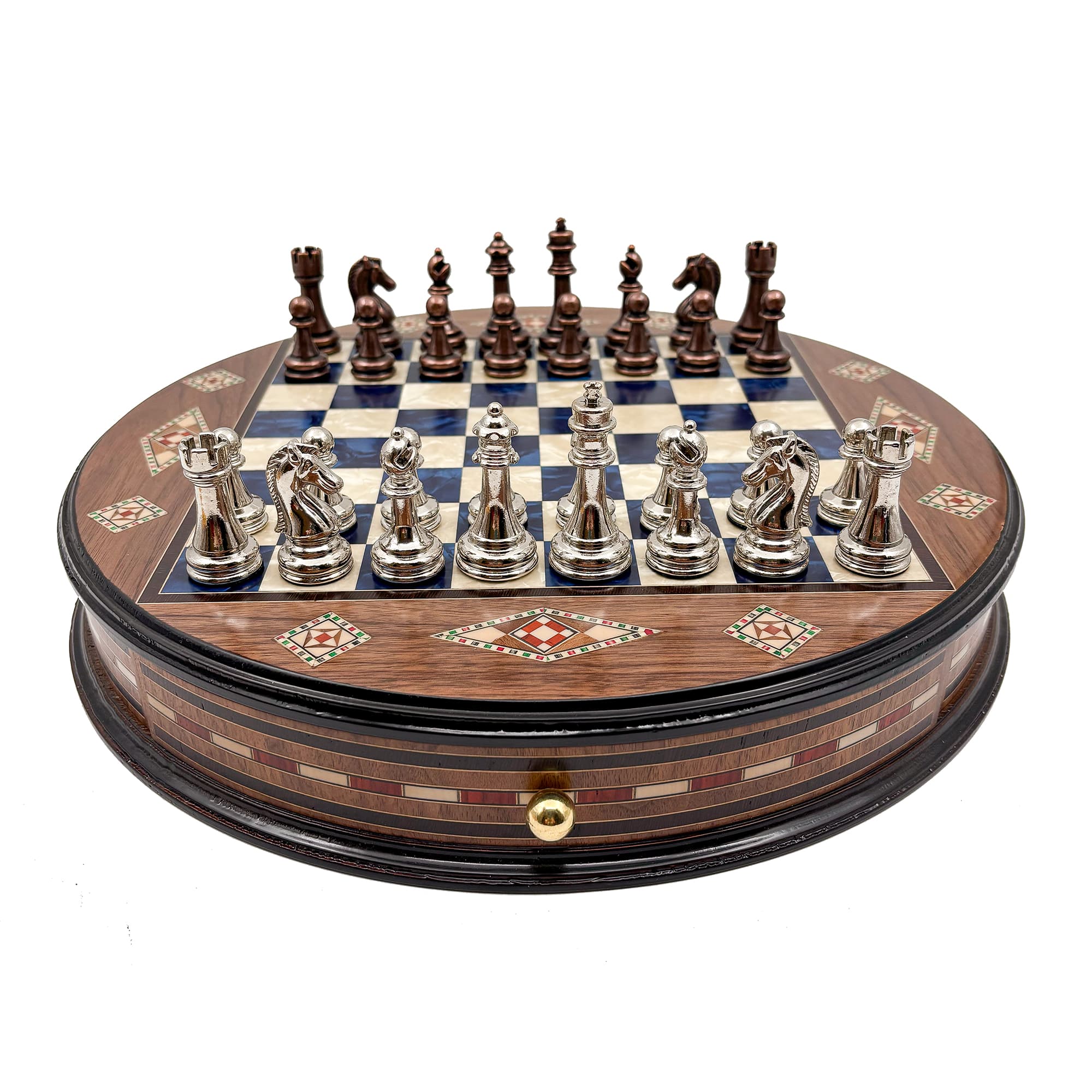 Personalized Round Handcrafted Chess Board with Drawers and Metal Chess Pieces MSYV36 - Mavi Tahta - Bakır-Gümüş - Görsel 3