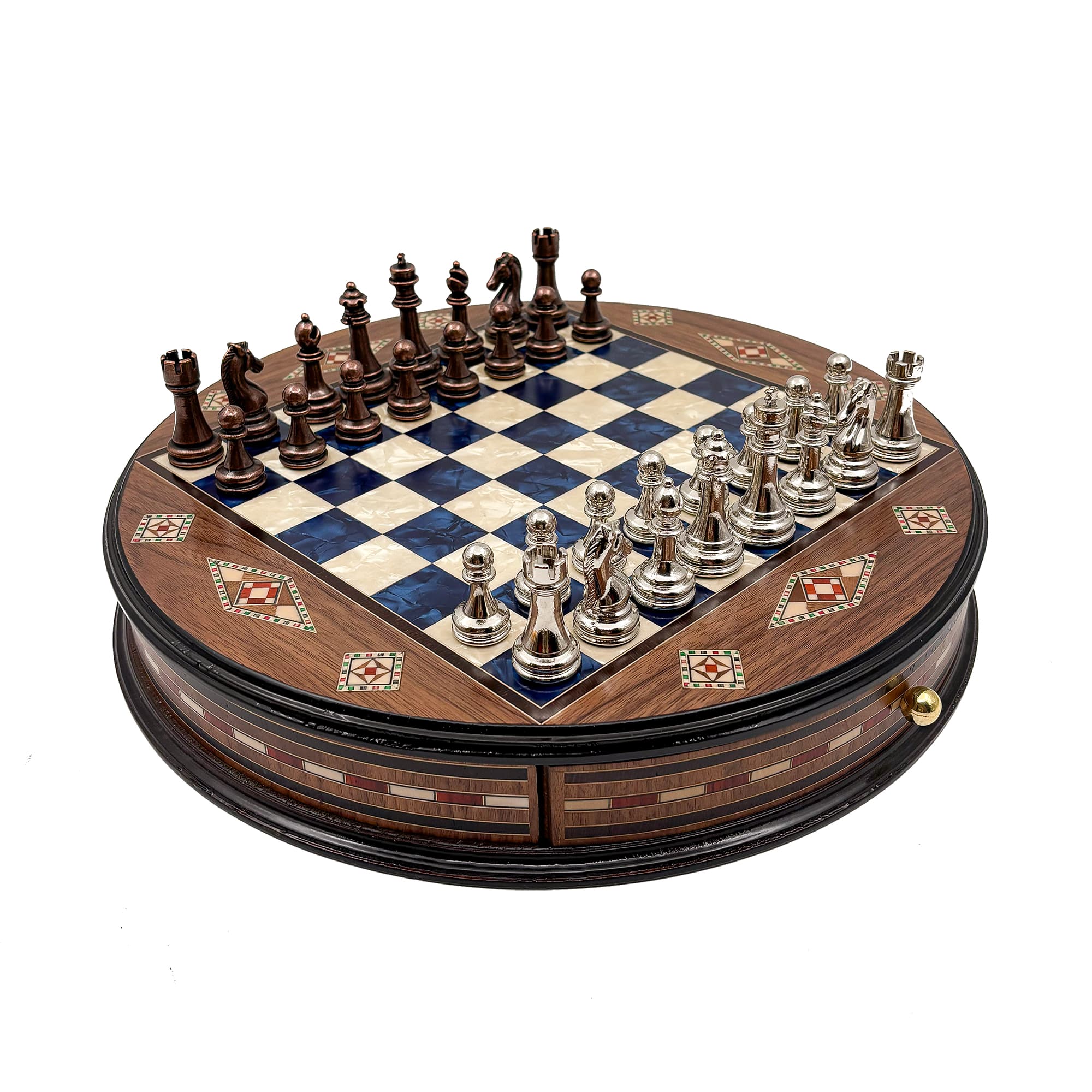 Personalized Round Handcrafted Chess Board with Drawers and Metal Chess Pieces MSYV36