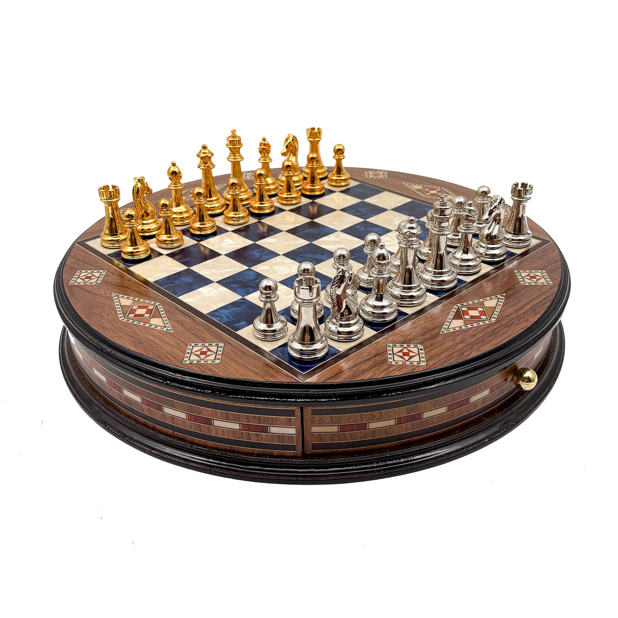 Personalized Round Handcrafted Chess Board with Drawers and Metal Chess Pieces MSYV36 - Mavi Tahta - Altın-Gümüş