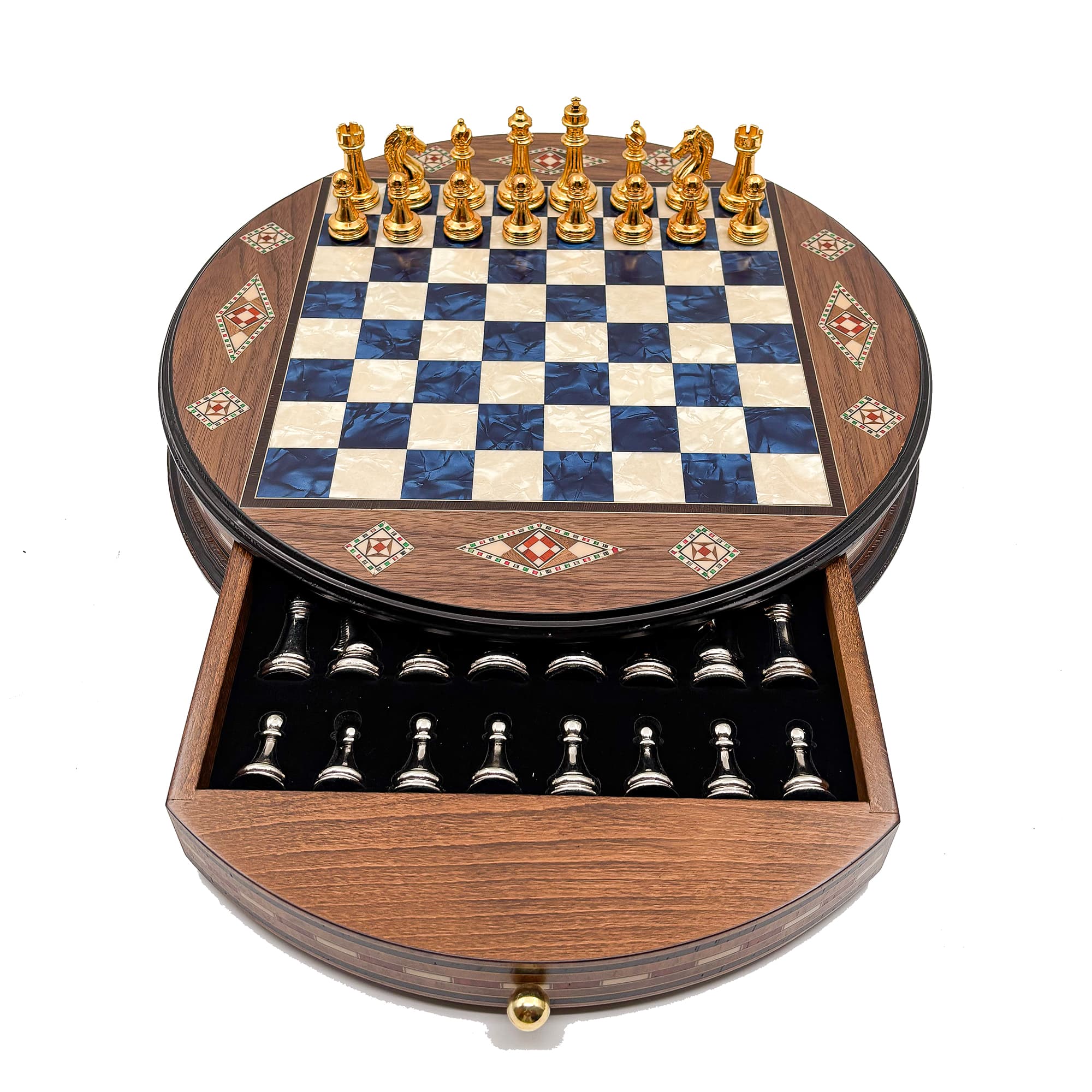 Personalized Round Handcrafted Chess Board with Drawers and Metal Chess Pieces MSYV36 - Mavi Tahta - Altın-Gümüş - Görsel 3