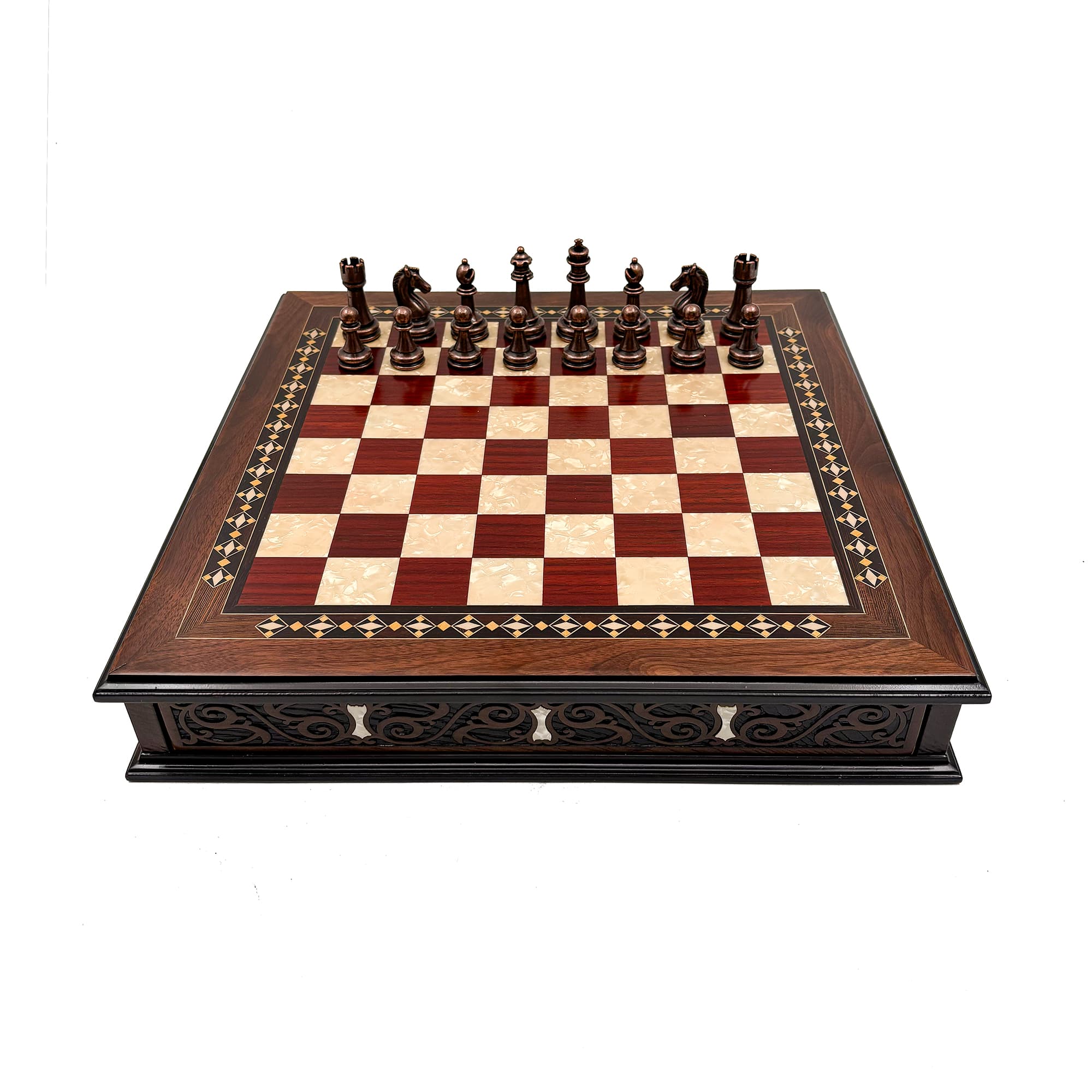 Specially Designed Handcrafted Round Chessboard and Metal Chess Pieces MCYV36 - Bakır-Gümüş - Kırmızı Tahta - Görsel 2