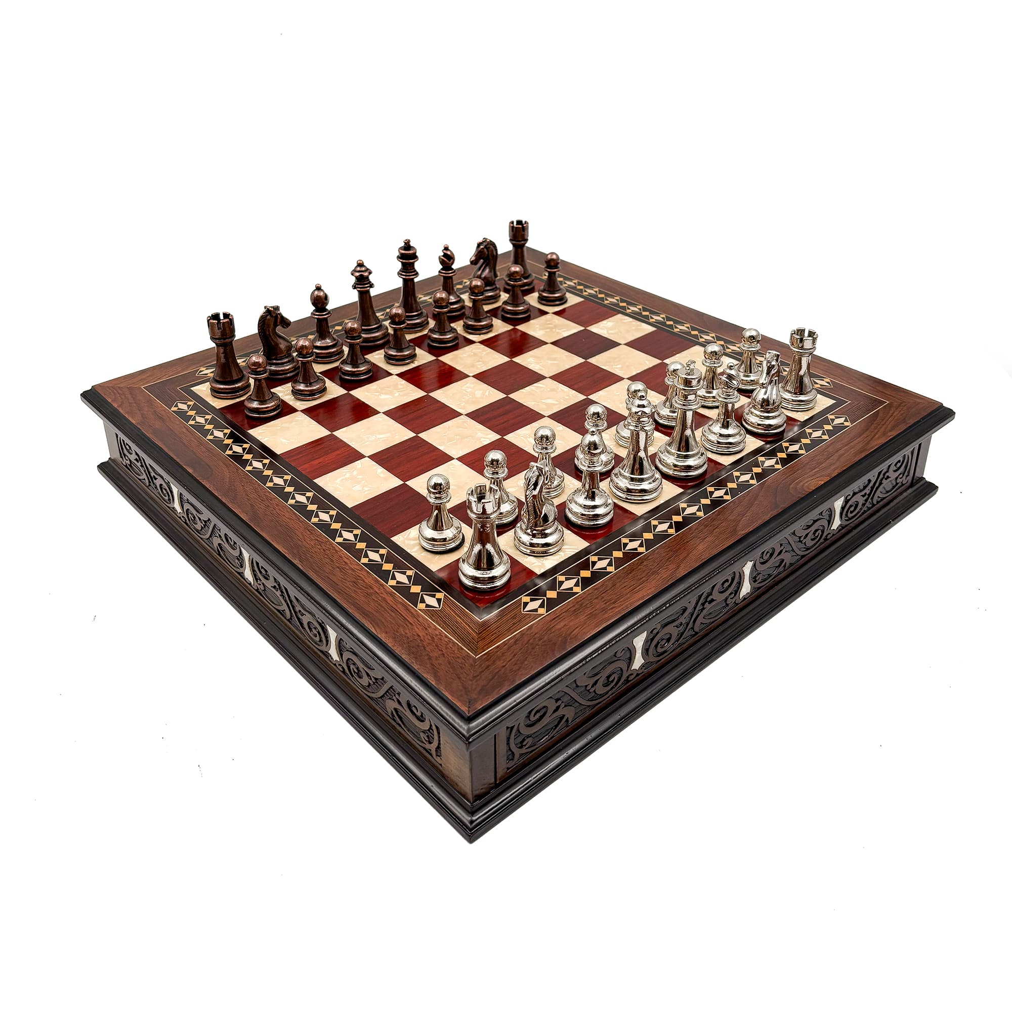 Specially Designed Handcrafted Round Chessboard and Metal Chess Pieces MCYV36 - Bakır-Gümüş - Kırmızı Tahta