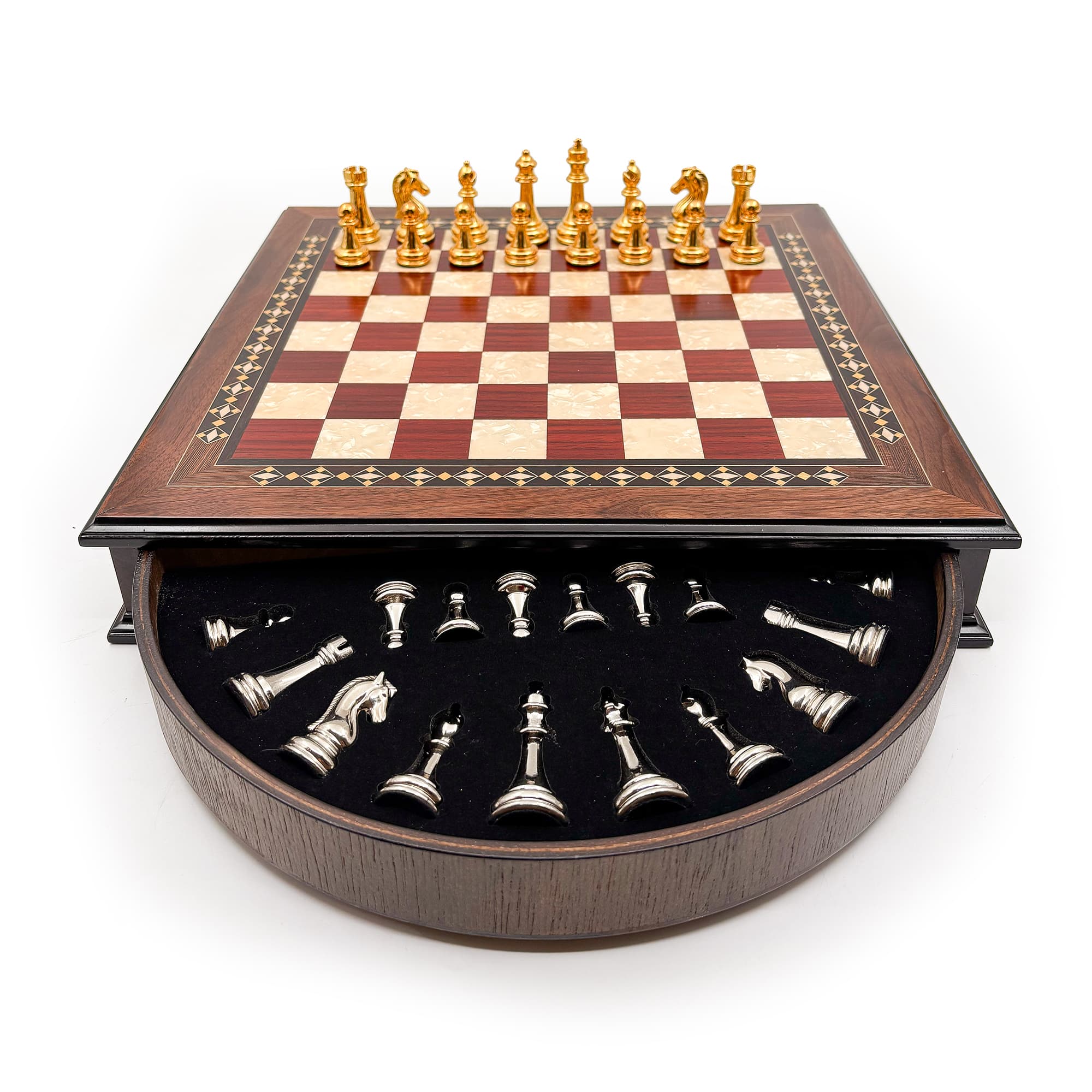 Specially Designed Handcrafted Round Chessboard and Metal Chess Pieces MCYV36 - Altın-Gümüş - Kırmızı Tahta - Görsel 3
