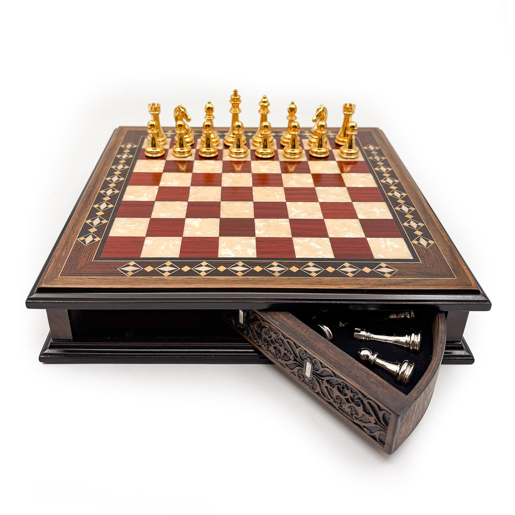 Specially Designed Handcrafted Round Chessboard and Metal Chess Pieces MCYV28 - Altın-Gümüş - Kırmızı Tahta - Görsel 3