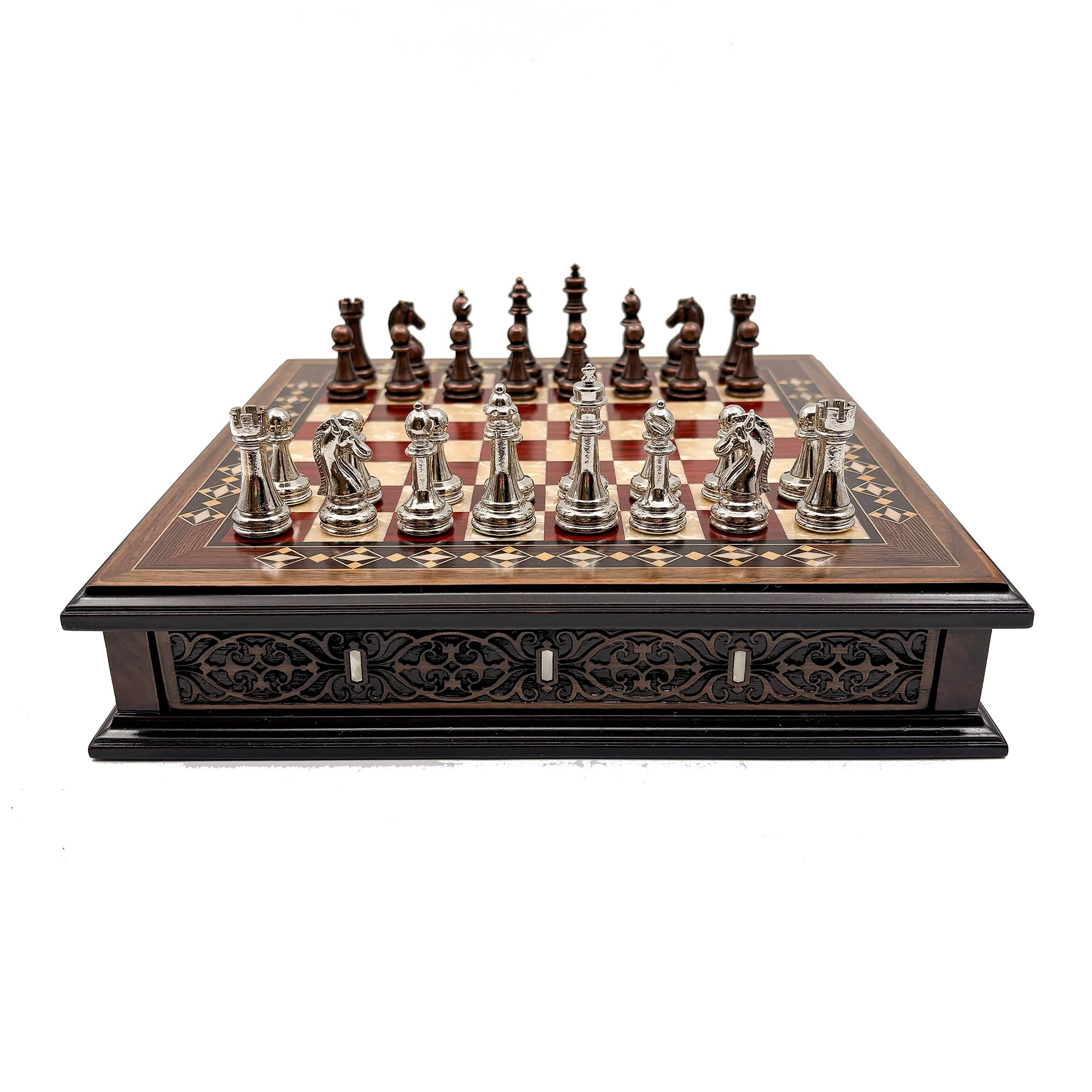 Specially Designed Handcrafted Round Chessboard and Metal Chess Pieces MCYV28 - Bakır-Gümüş - Kırmızı Tahta - Görsel 3