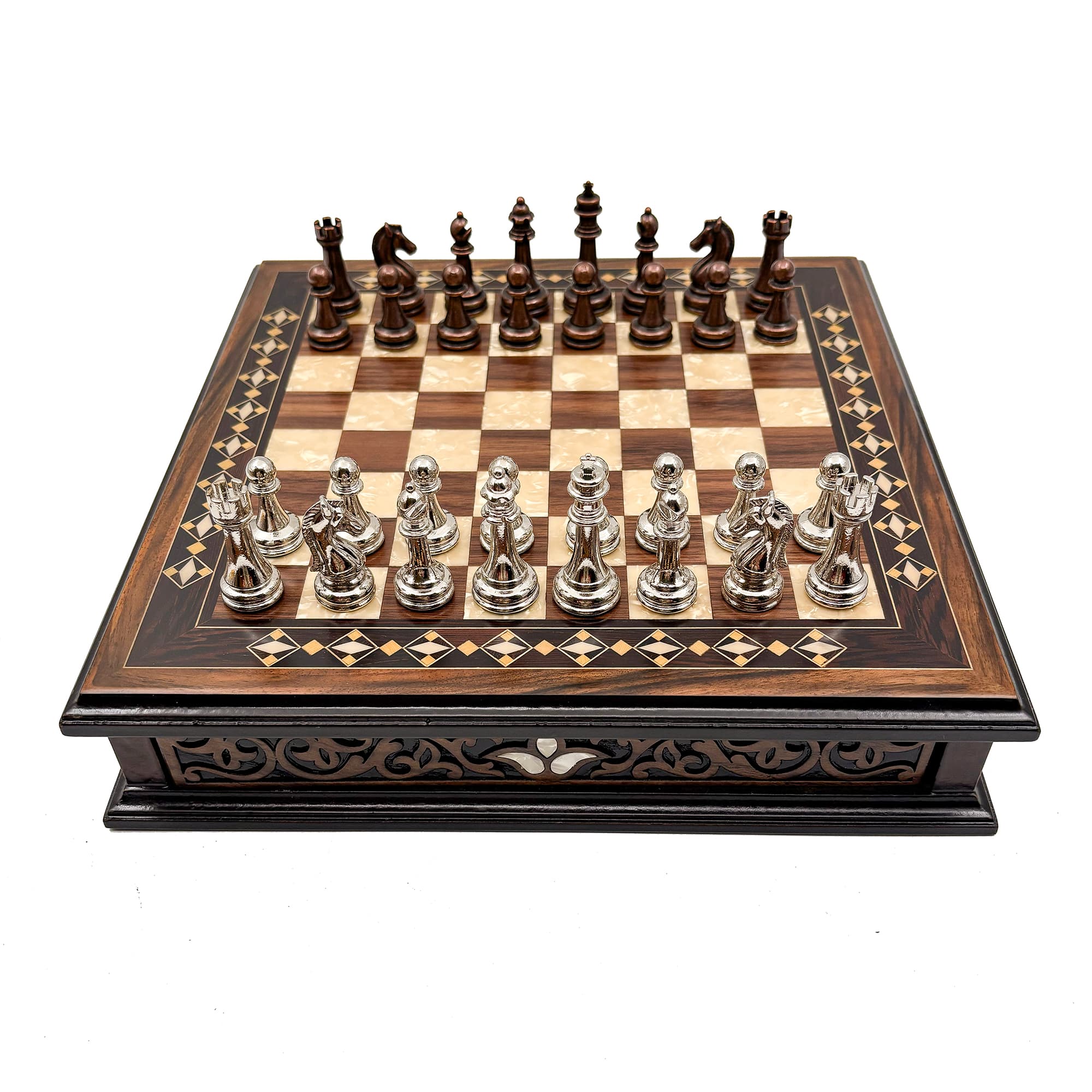 Specially Designed Handcrafted Round Chessboard and Metal Chess Pieces MCYV36 - Bakır-Gümüş - Kahve Tahta - Görsel 2