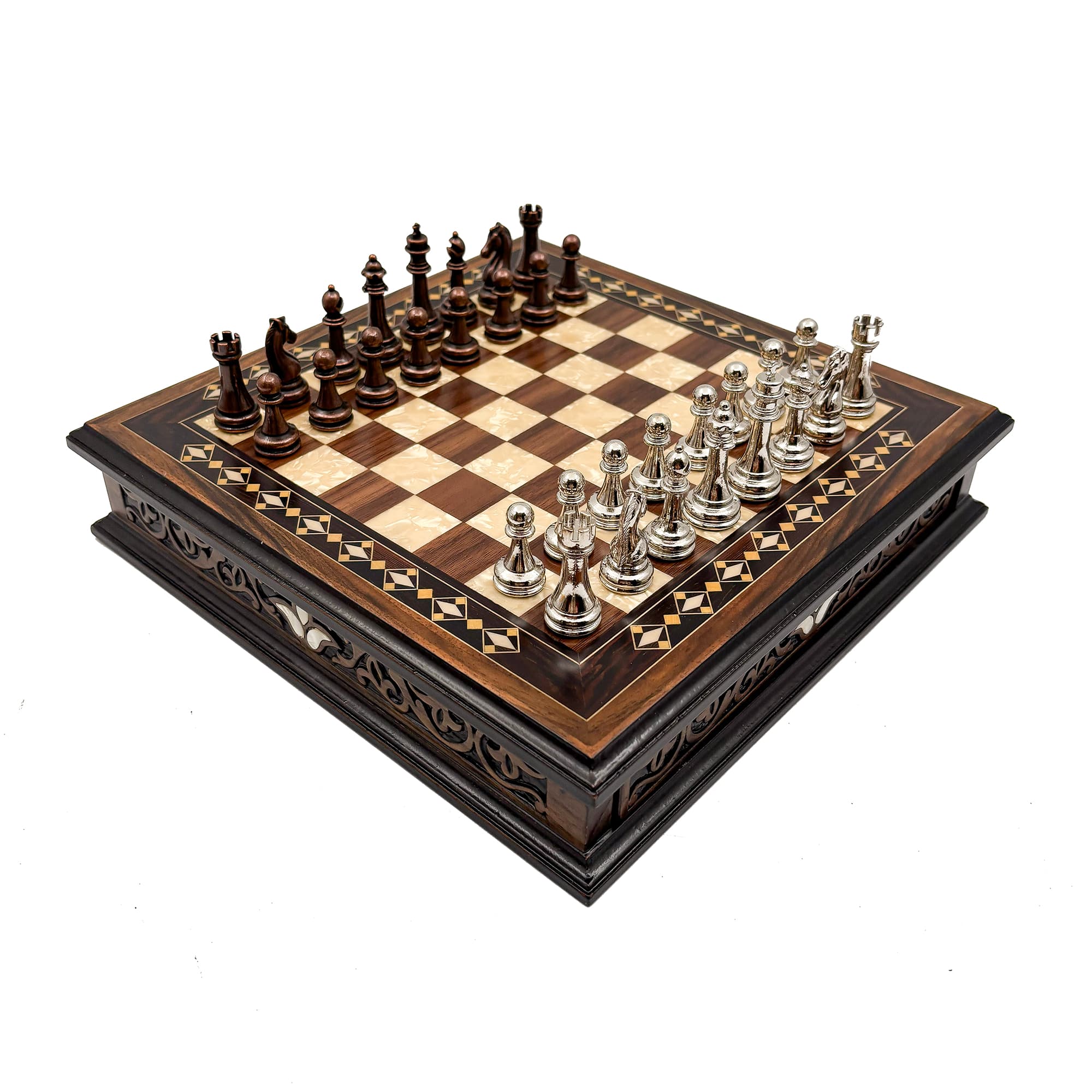 Specially Designed Handcrafted Round Chessboard and Metal Chess Pieces MCYV28 - Bakır-Gümüş - Kahve Tahta