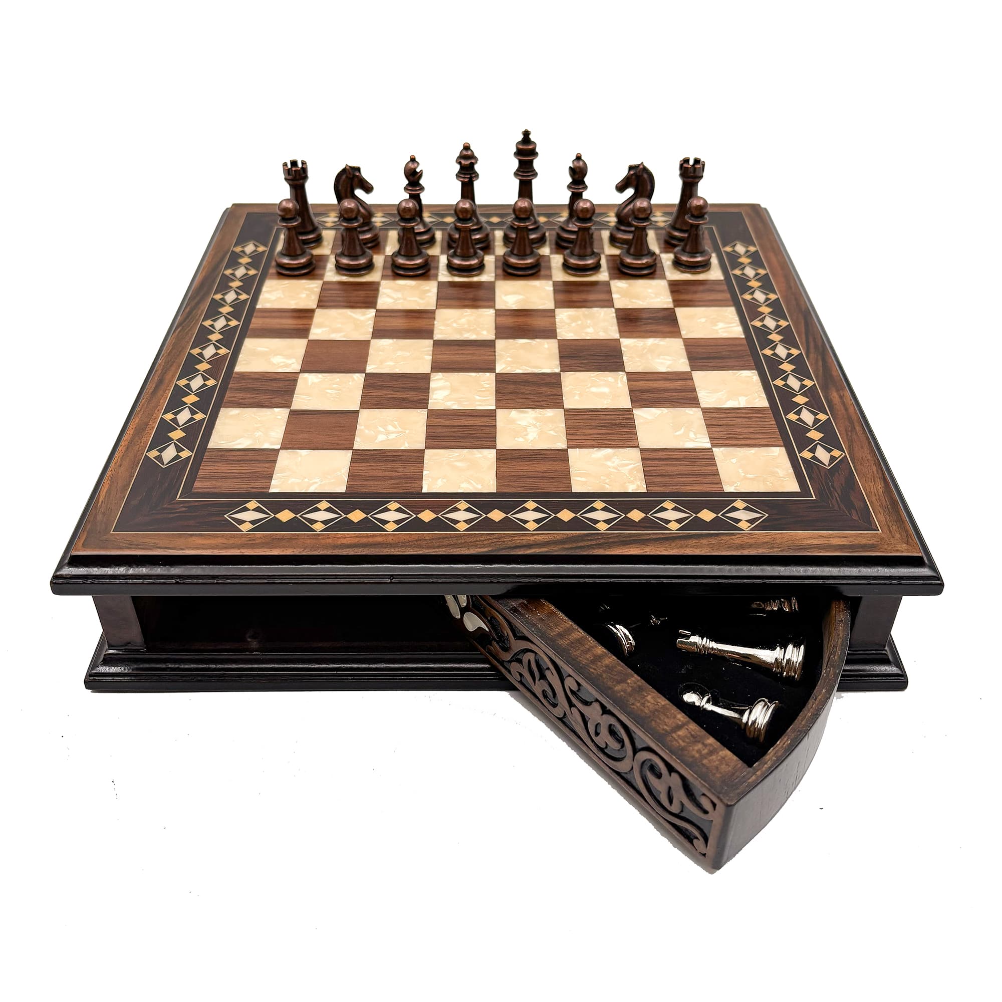 Specially Designed Handcrafted Round Chessboard and Metal Chess Pieces MCYV36 - Bakır-Gümüş - Kahve Tahta - Görsel 3