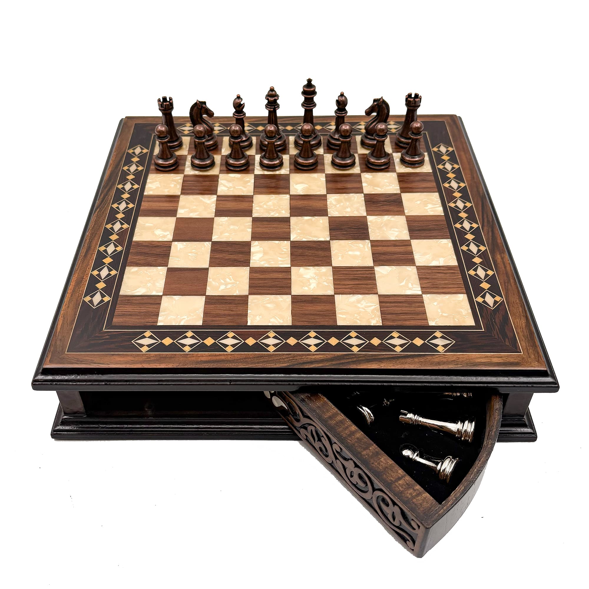 Specially Designed Handcrafted Round Chessboard and Metal Chess Pieces MCYV28 - Bakır-Gümüş - Kahve Tahta - Görsel 3