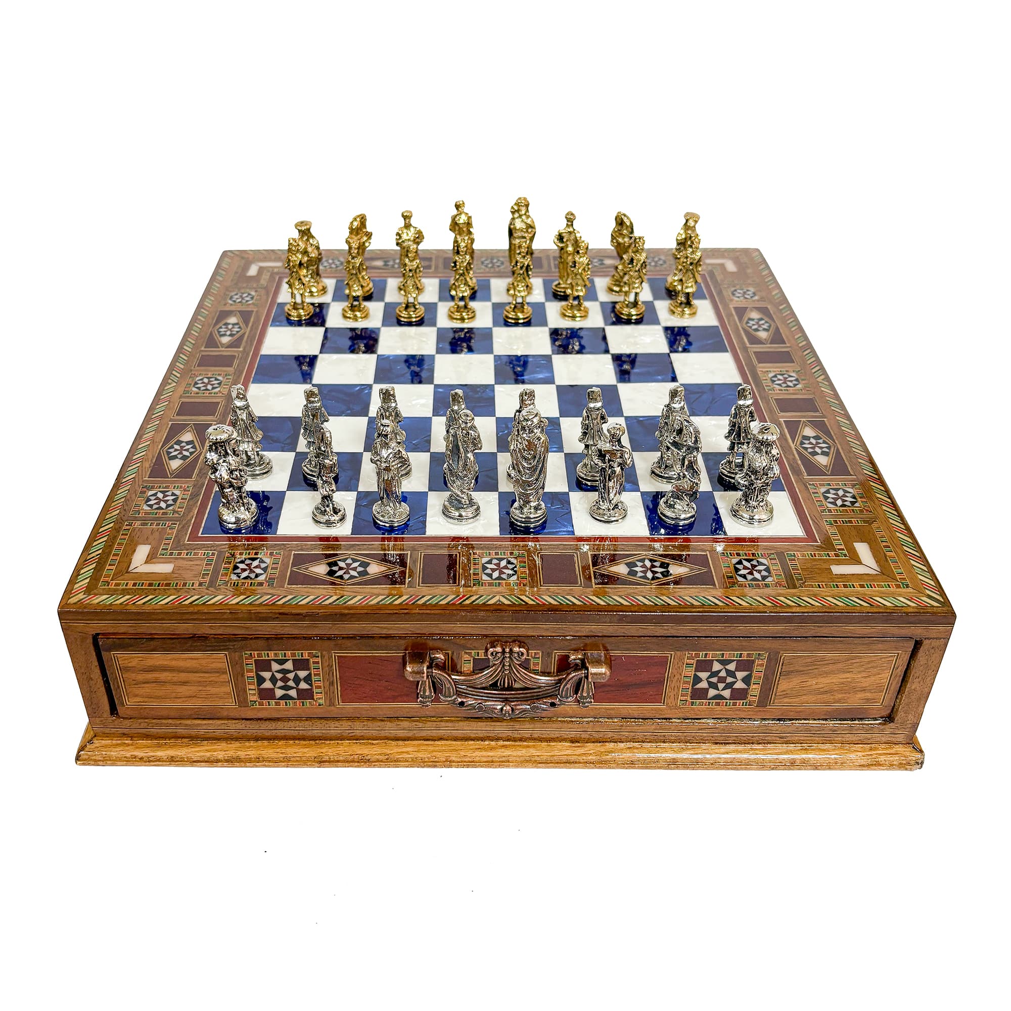 Metal Ottoman Stone Chess Set with Drawers SC32OSM - Mavi Tahta - Görsel 3