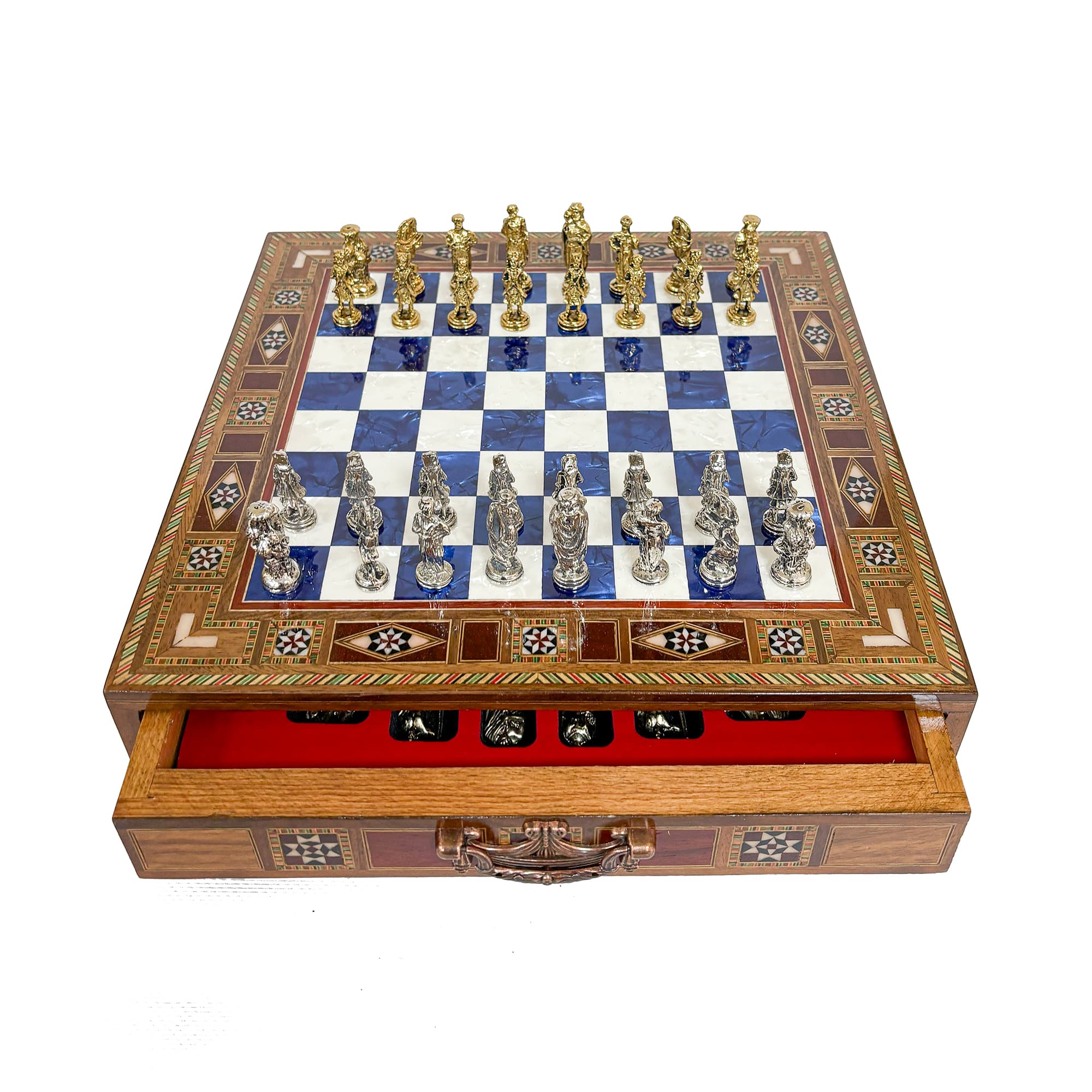 Metal Ottoman Stone Chess Set with Drawers SC32OSM - Mavi Tahta - Görsel 2