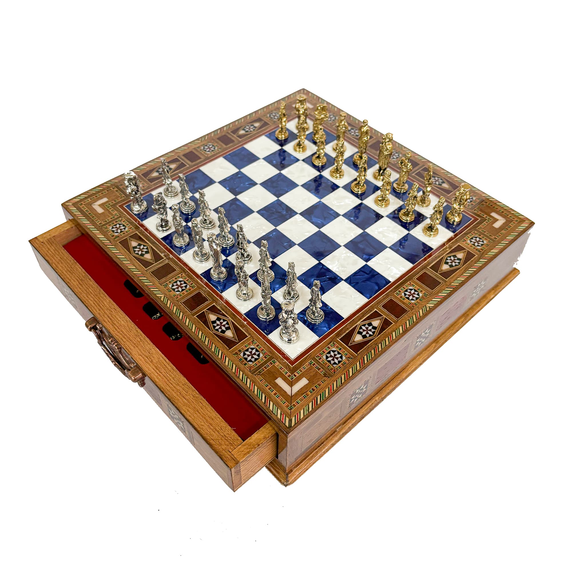 Metal Ottoman Stone Chess Set with Drawers SC32OSM - Mavi Tahta