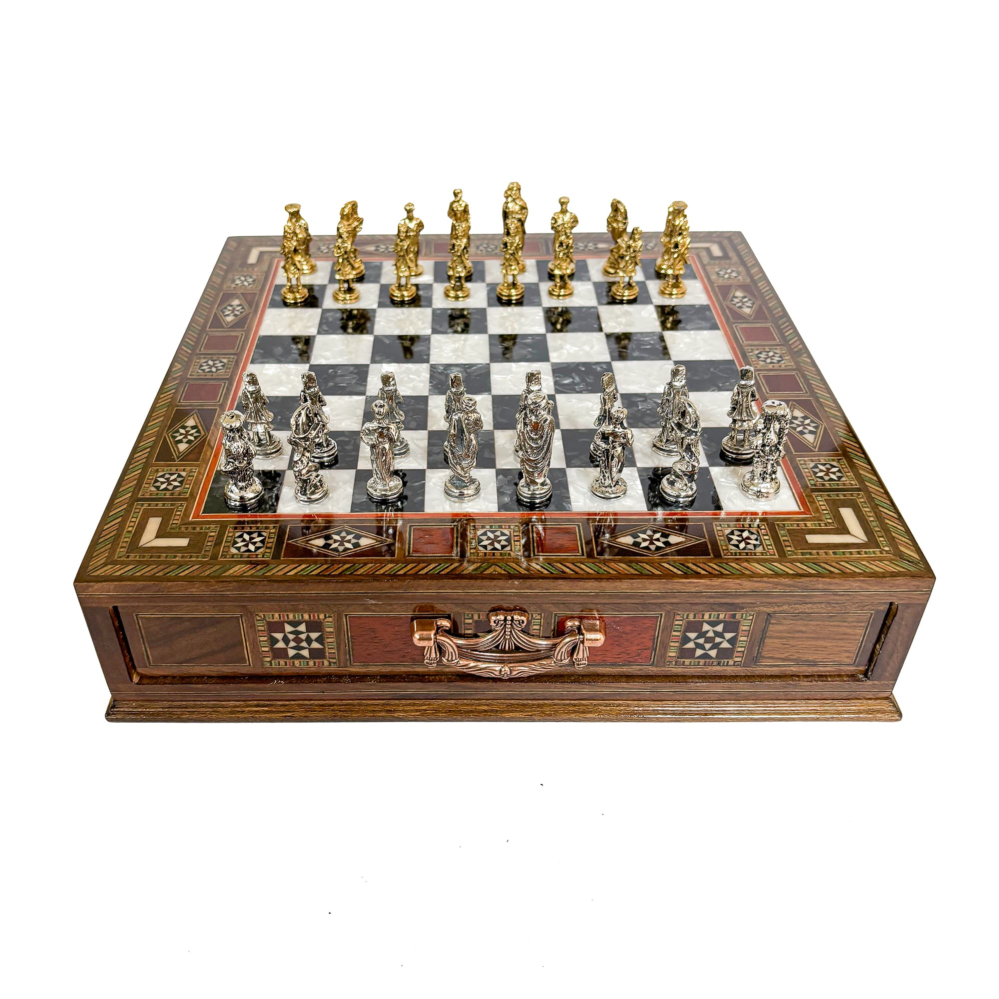Metal Ottoman Stone Chess Set with Drawers SC32OSM - Siyah Tahta - Görsel 3