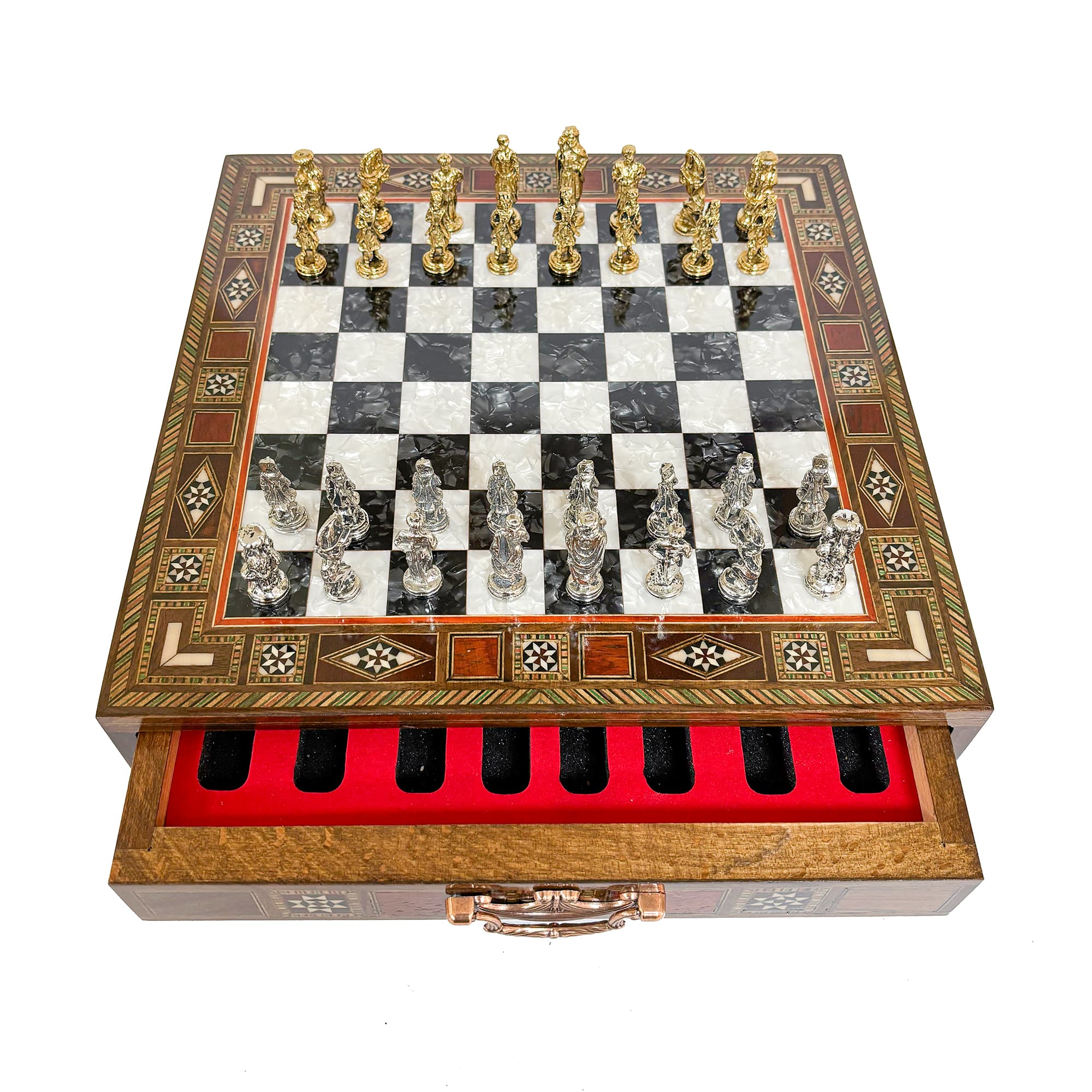Metal Ottoman Stone Chess Set with Drawers SC32OSM - Siyah Tahta - Görsel 2