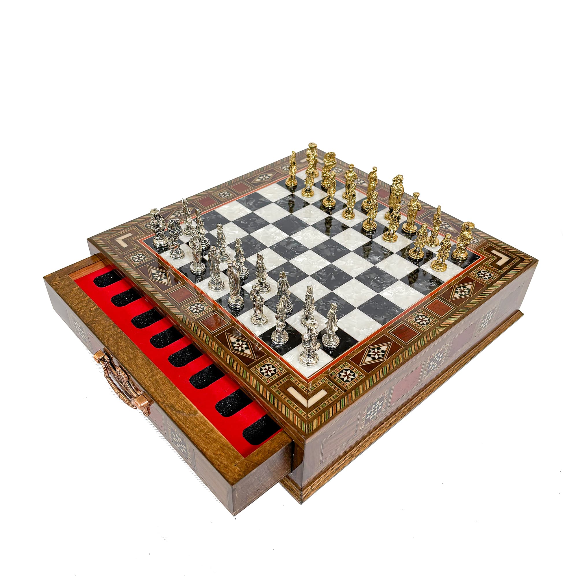 Metal Ottoman Stone Chess Set with Drawers SC32OSM - Siyah Tahta