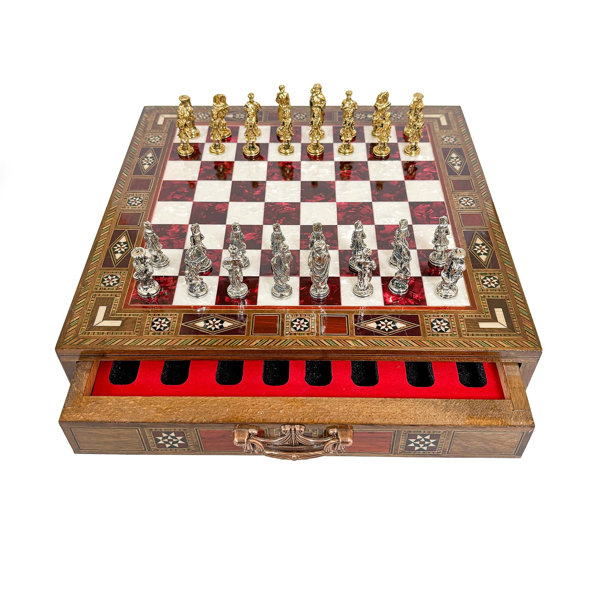 Metal Ottoman Stone Chess Set with Drawers SC32OSM - Kırmızı Tahta - Görsel 2