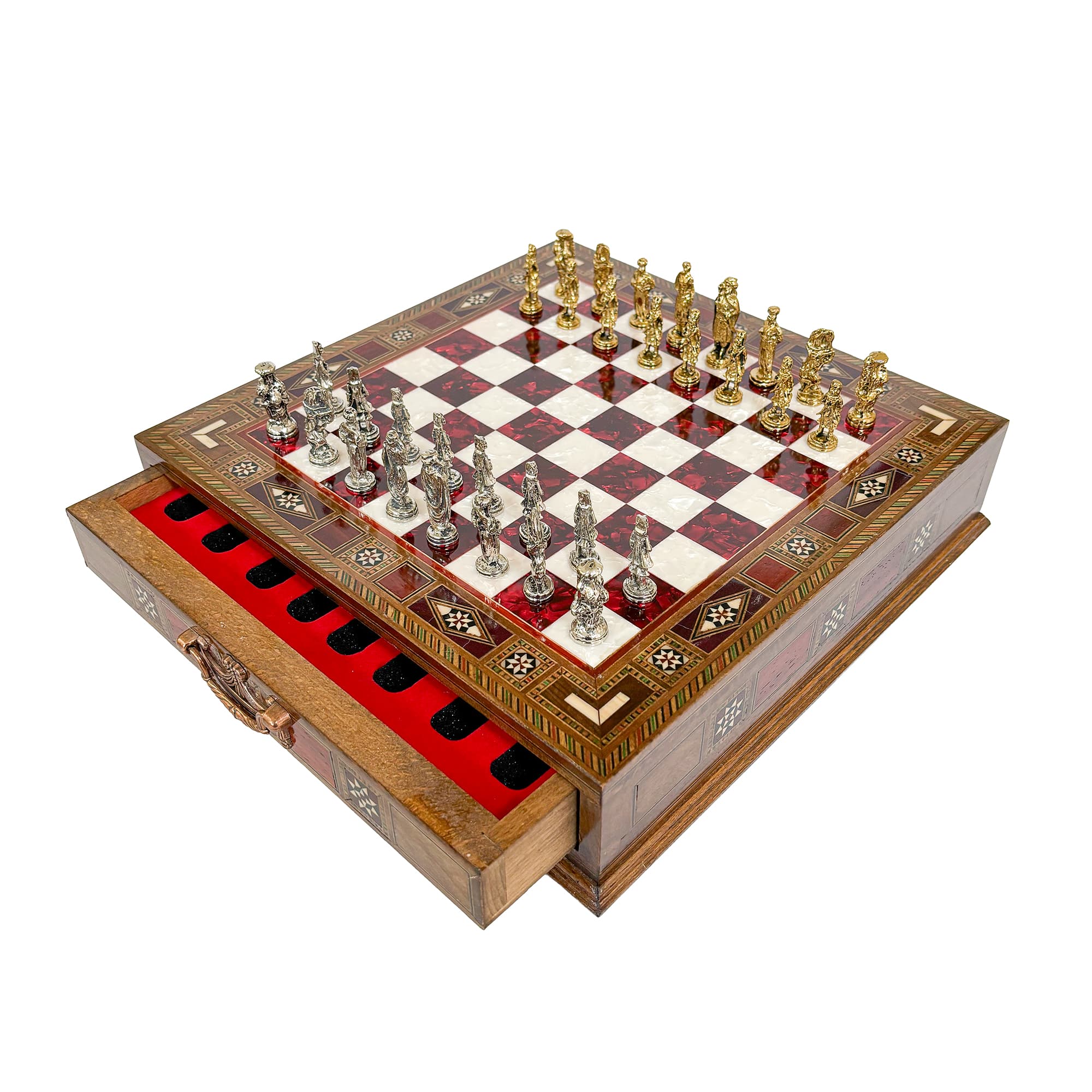 Metal Ottoman Stone Chess Set with Drawers SC32OSM - Kırmızı Tahta
