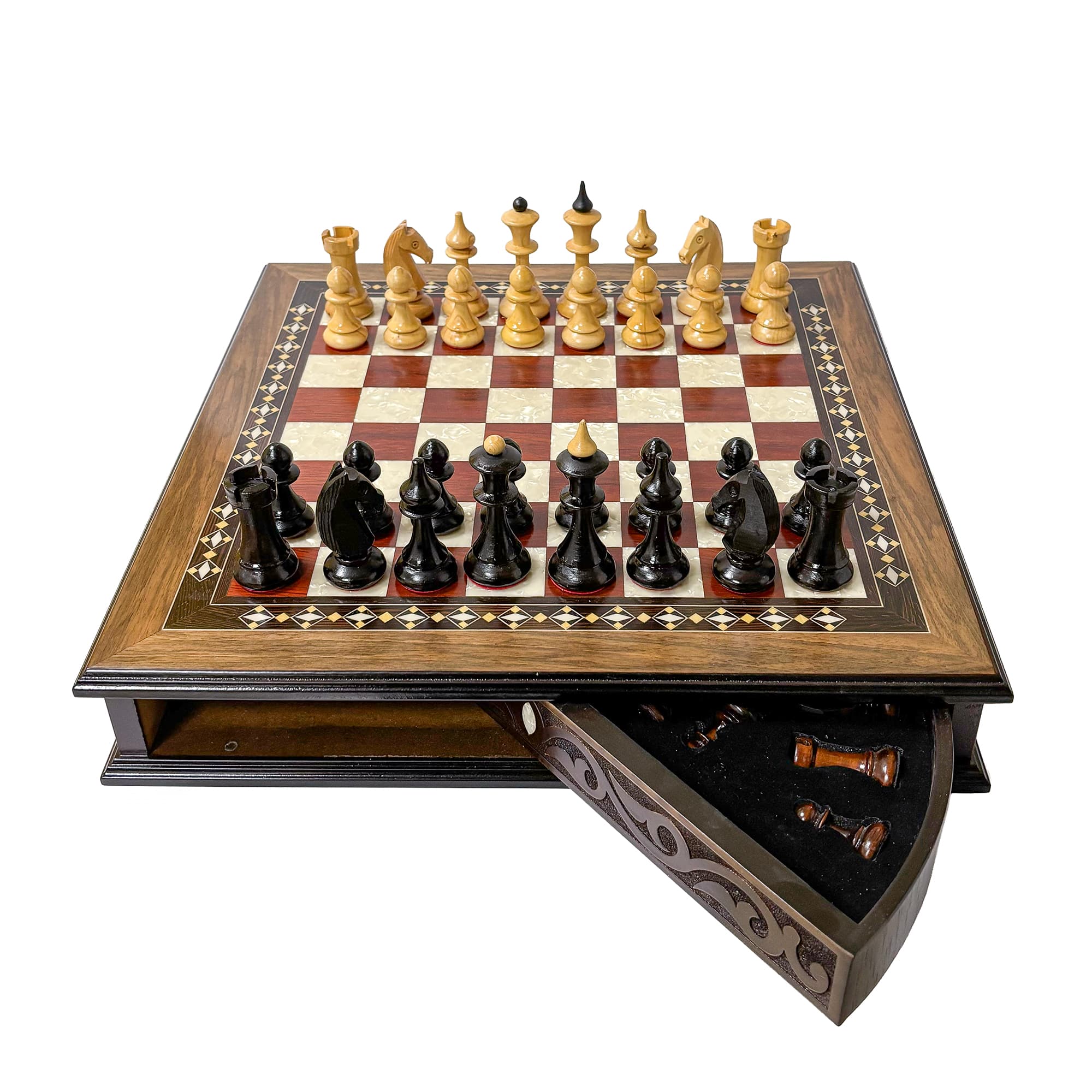 Name Engraved Walnut Chessboard and Boxwood Lithuanian Chess Set MCYVLTV36 - Görsel 2