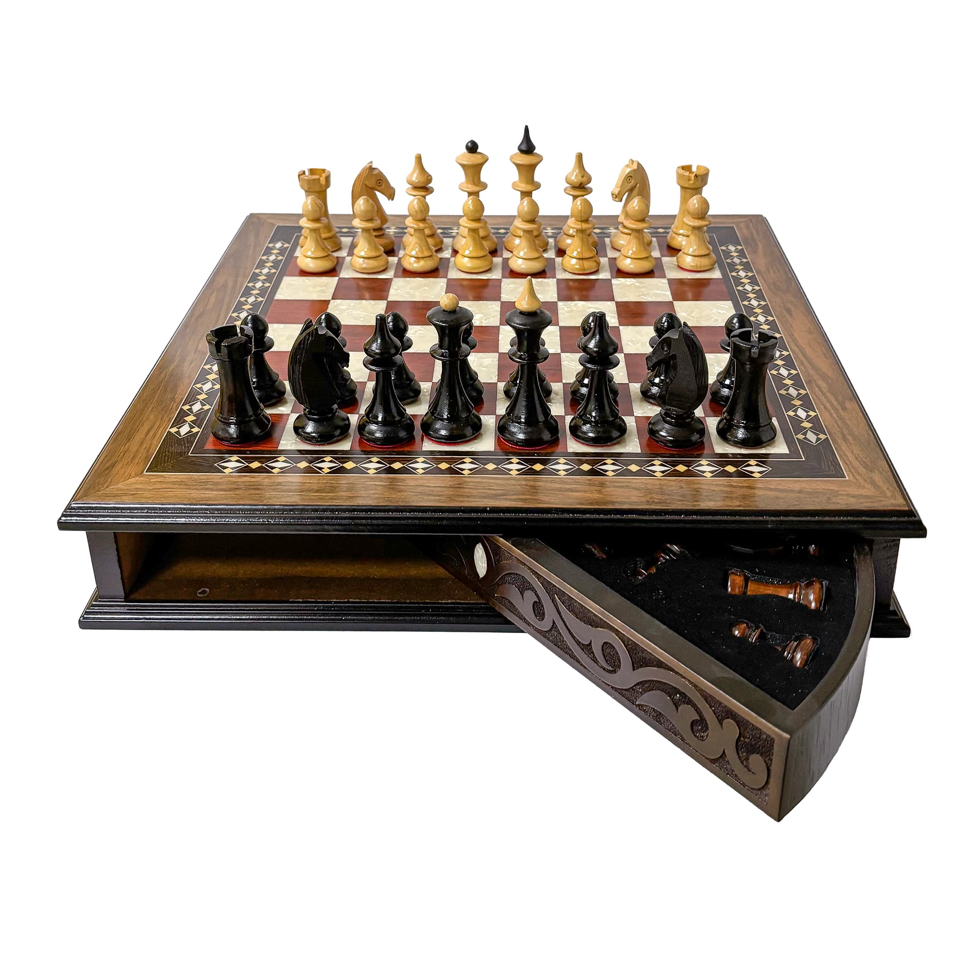 Name Engraved Walnut Chessboard and Boxwood Lithuanian Chess Set MCYVLTV36 - Küçük Görsel 6