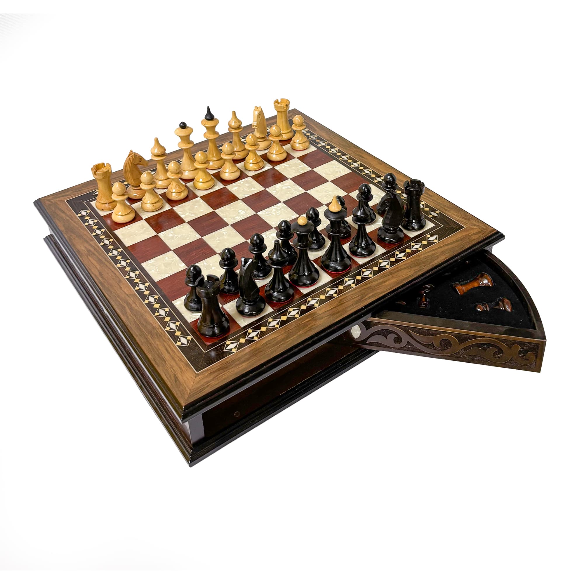 Name Engraved Walnut Chessboard and Boxwood Lithuanian Chess Set MCYVLTV36