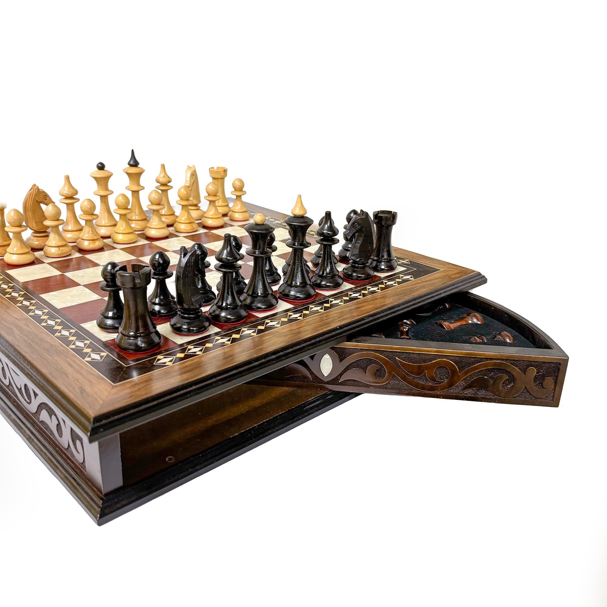 Name Engraved Walnut Chessboard and Boxwood Lithuanian Chess Set MCYVLTV36 - Küçük Görsel 5